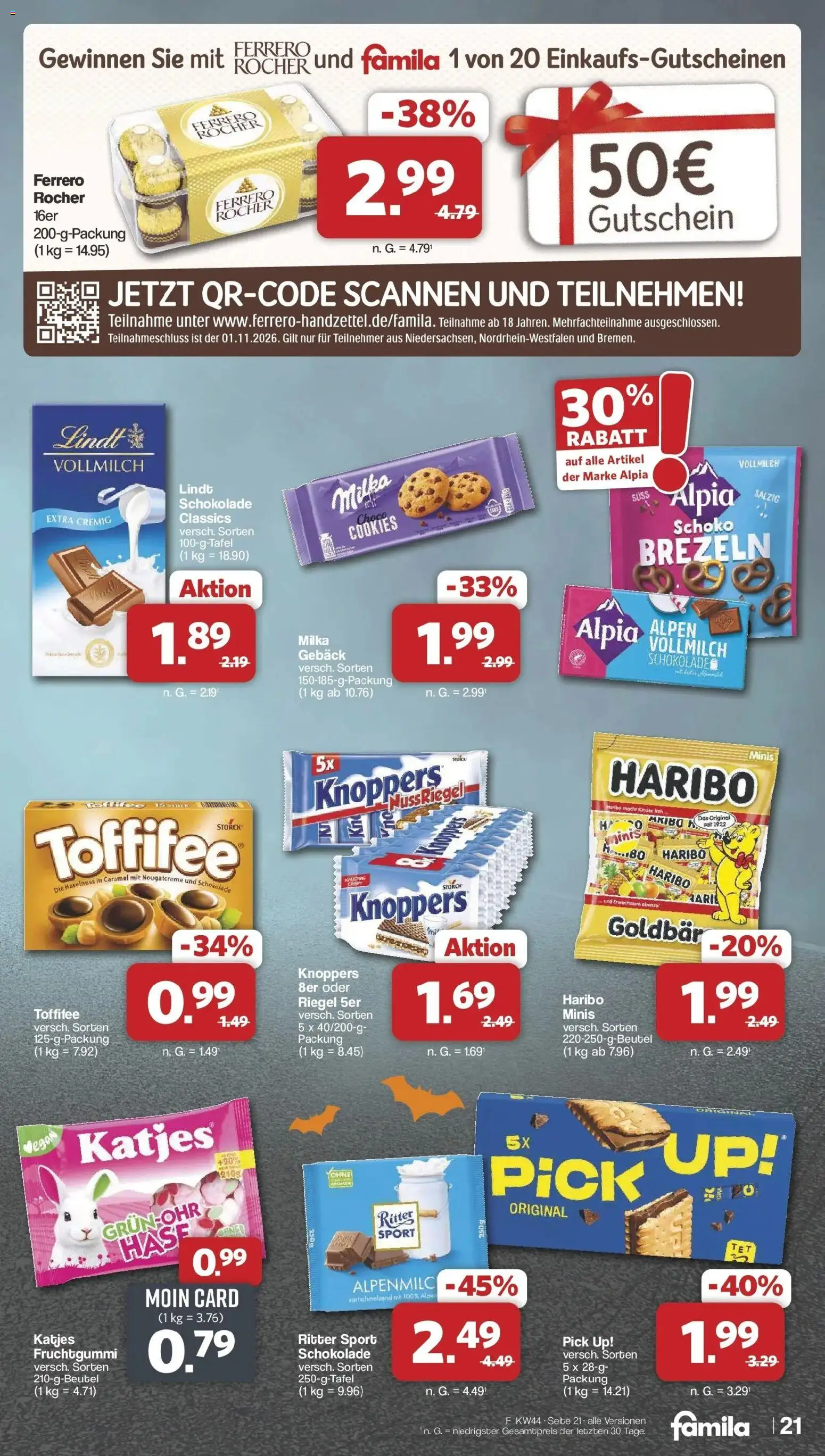 Vorschau von dem Prospekt des Geschäftes Famila Nordwest, gültig ab dem 26.10.2026 - Schokolade, Haribo, Lindt, Ritter sport, Milka, Toffifee, Ferrero rocher, Katjes