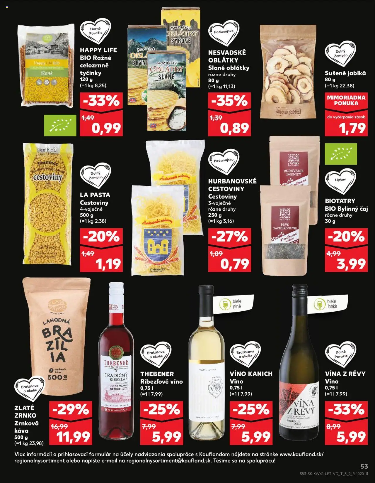 Náhľad Kaufland letáku platného od 09.10.2025 - Káva, Víno, Cestoviny, Čaj, Zrnková káva, Oblátky, Ríbezľové víno, Bylinný čaj