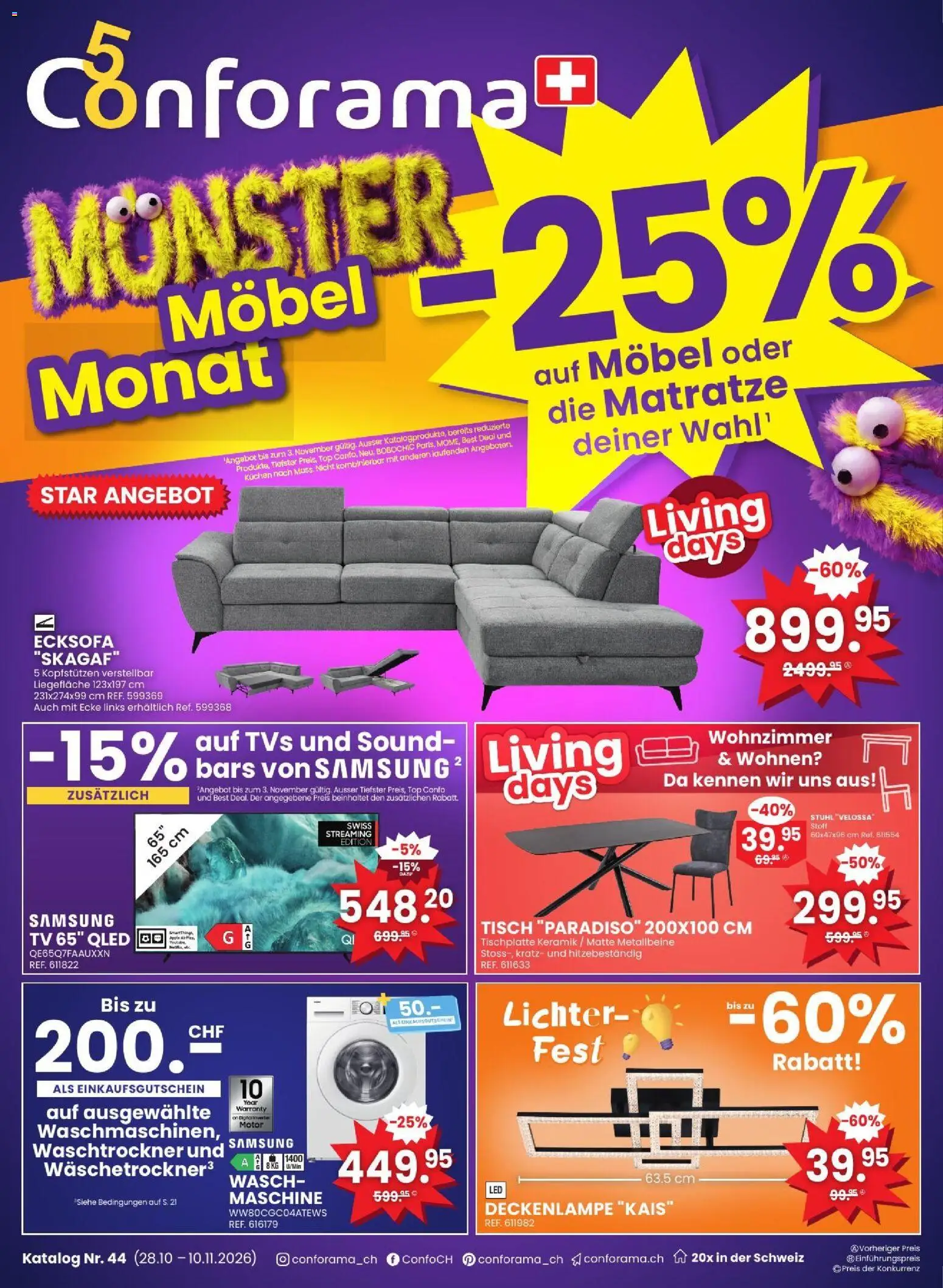 Vorschau des Merkblatts Conforama aktionen vom Shop Conforama gültig von 28.10.2026 bis 10.11.2026 - Samsung, TV, Matratze, Ecksofa, Top, Tisch, Stuhl, Waschtrockner