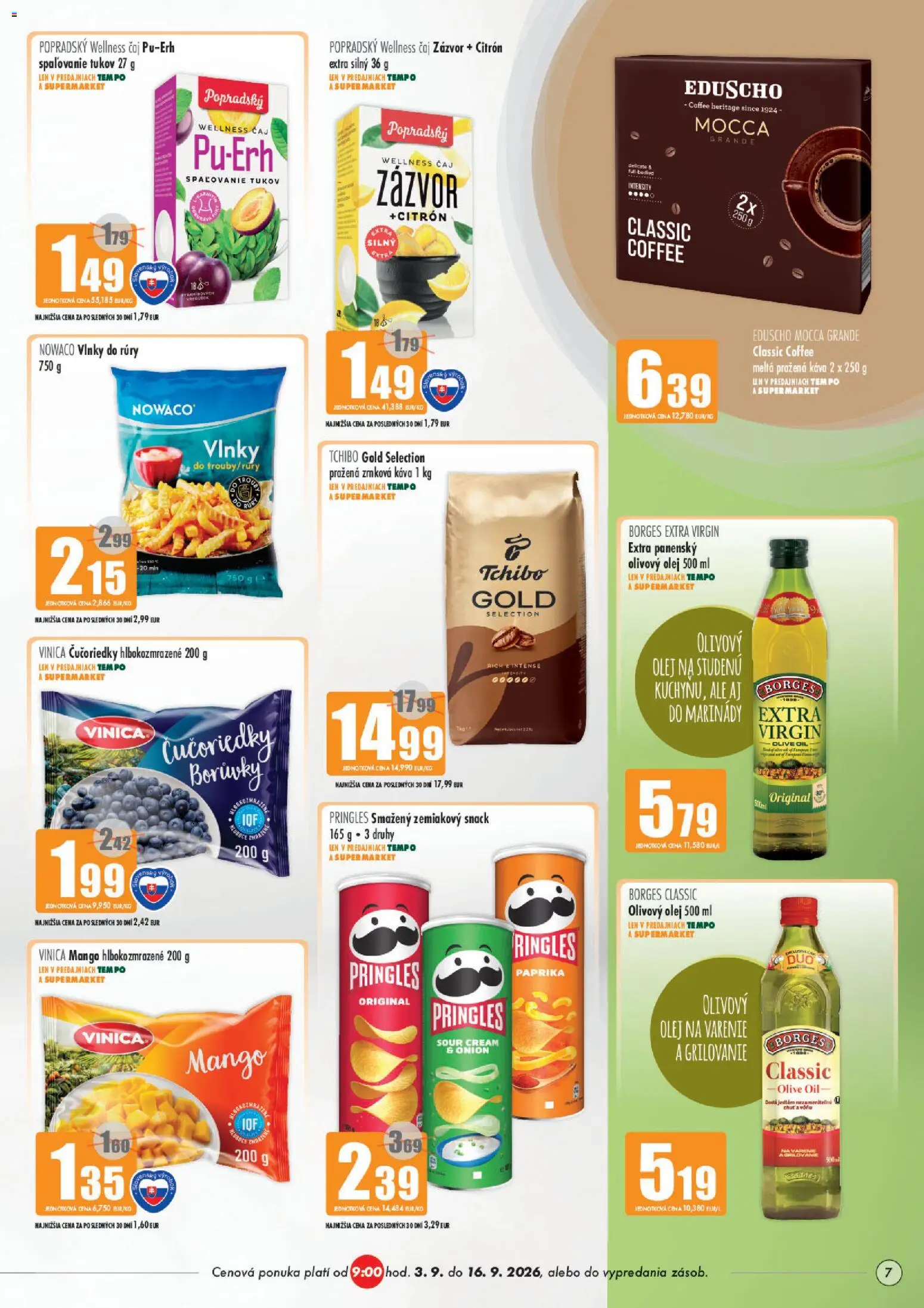 Náhľad COOP Jednota letáku platného od 03.09.2026 - Mango, Olej, Čaj, Olivový olej, Pringles, Zázvor, Extra panenský olivový olej, Zrnková káva 1 kg