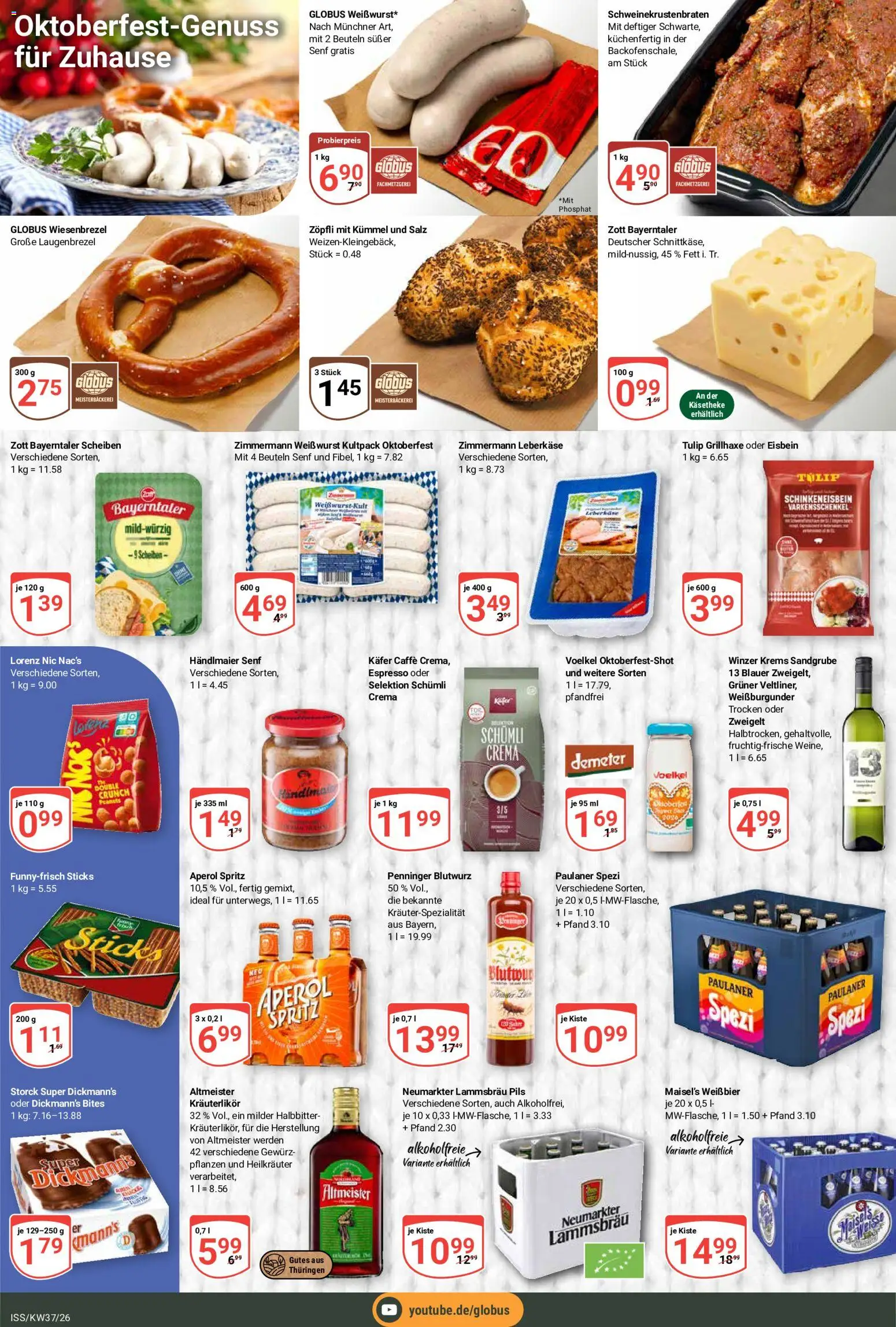 Vorschau von dem Prospekt des Geschäftes Globus, gültig ab dem 07.09.2026 - Wurst, Aperol, Paulaner spezi, Paulaner, Salz, Weißbier, Pils, Leberkase