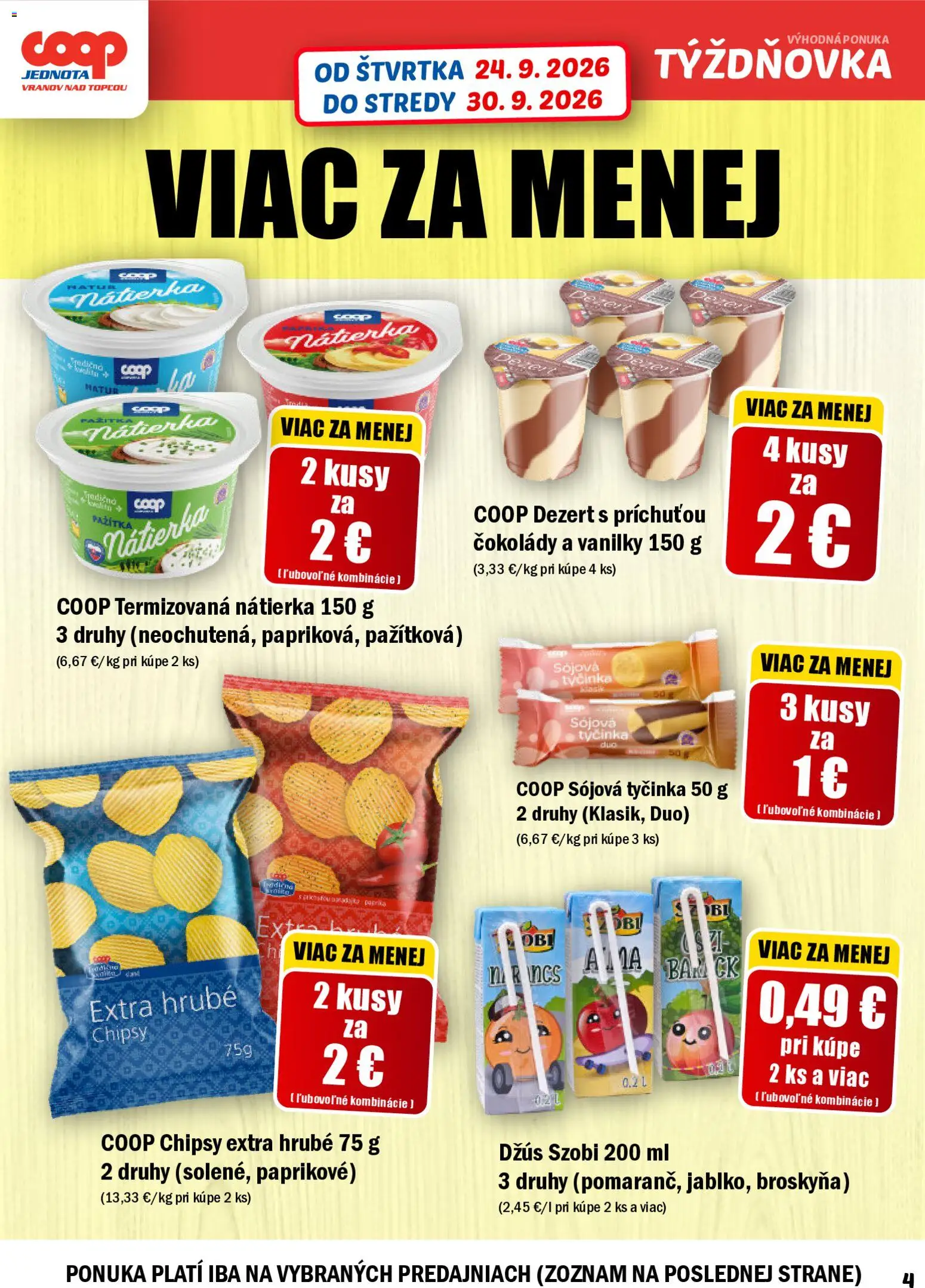 Náhľad COOP Jednota letáku platného od 24.09.2026 - Dezert, Chipsy, Džús, Nátierka, Pažítka