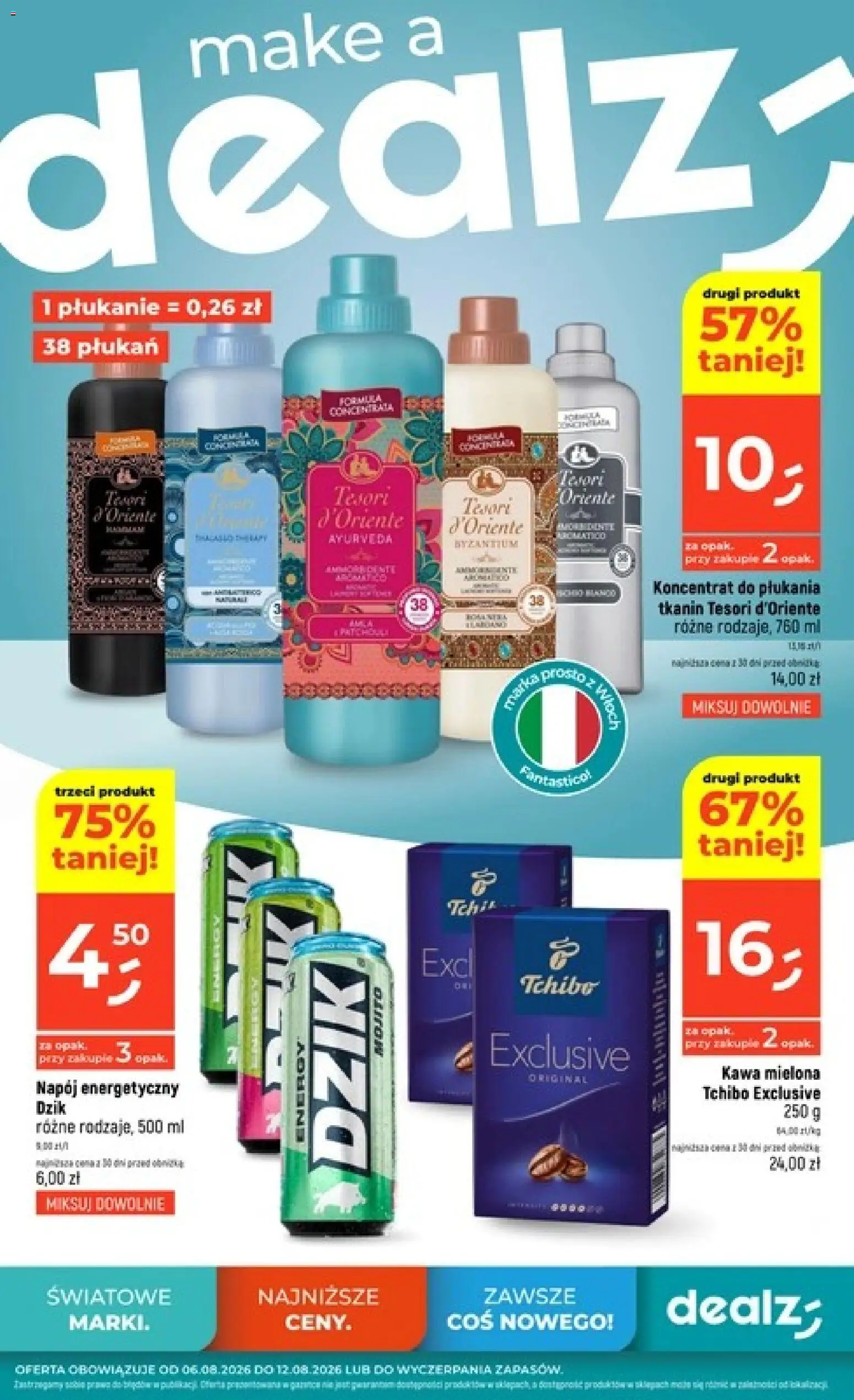 Pogląd gazetki "Dealz gazetka" ze sklepu Dealz ważnej od 06.08.2026 - Tchibo, Kawa, Kawa mielona, Tchibo exclusive, Napój energetyczny, Tesori d'oriente