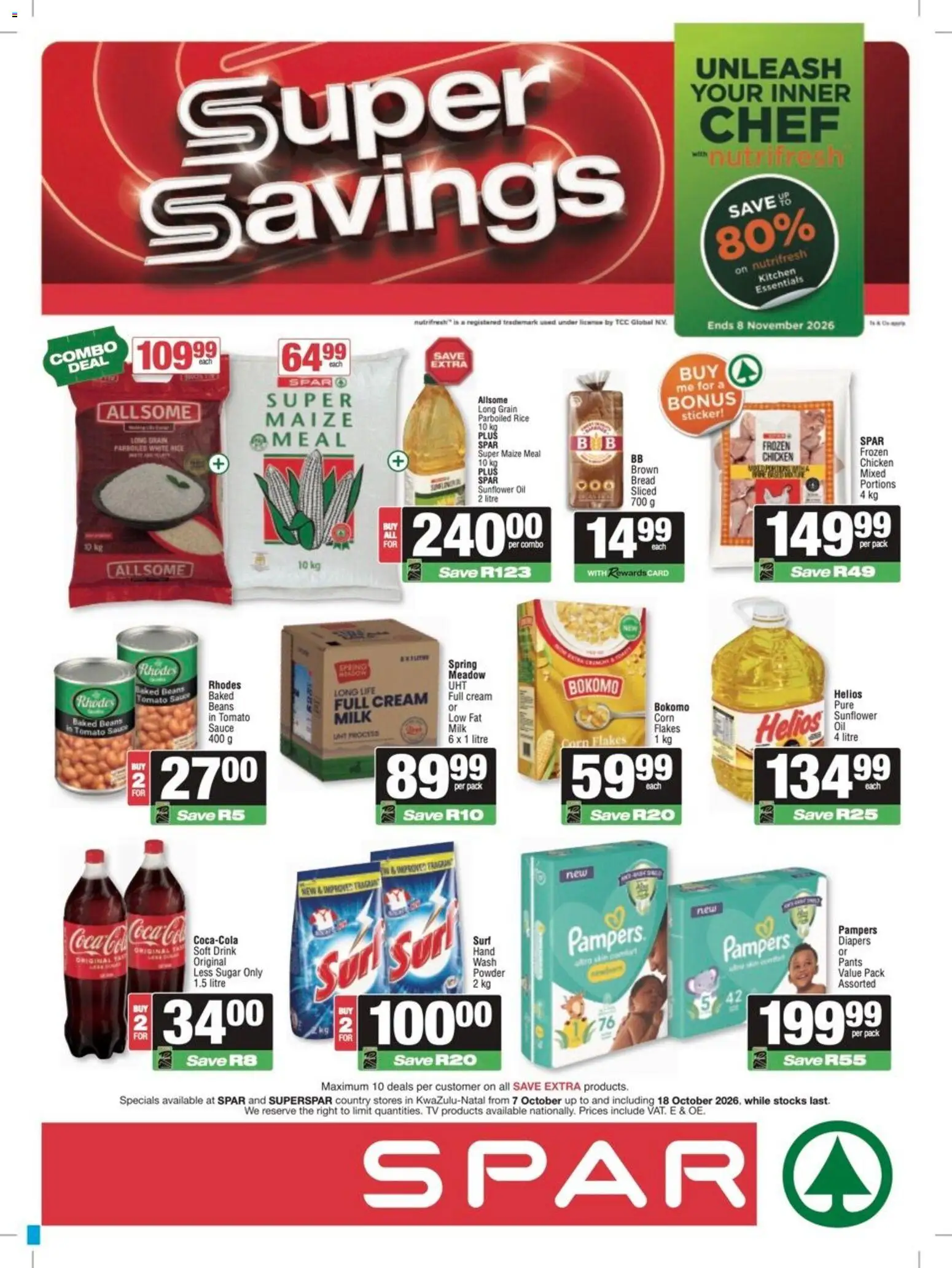 Preview of Spar flyer valid from 07/10/2026 - Chicken, Bread, Sugar, Corn flakes, Tomato sauce, Diapers, Powder, Meadow