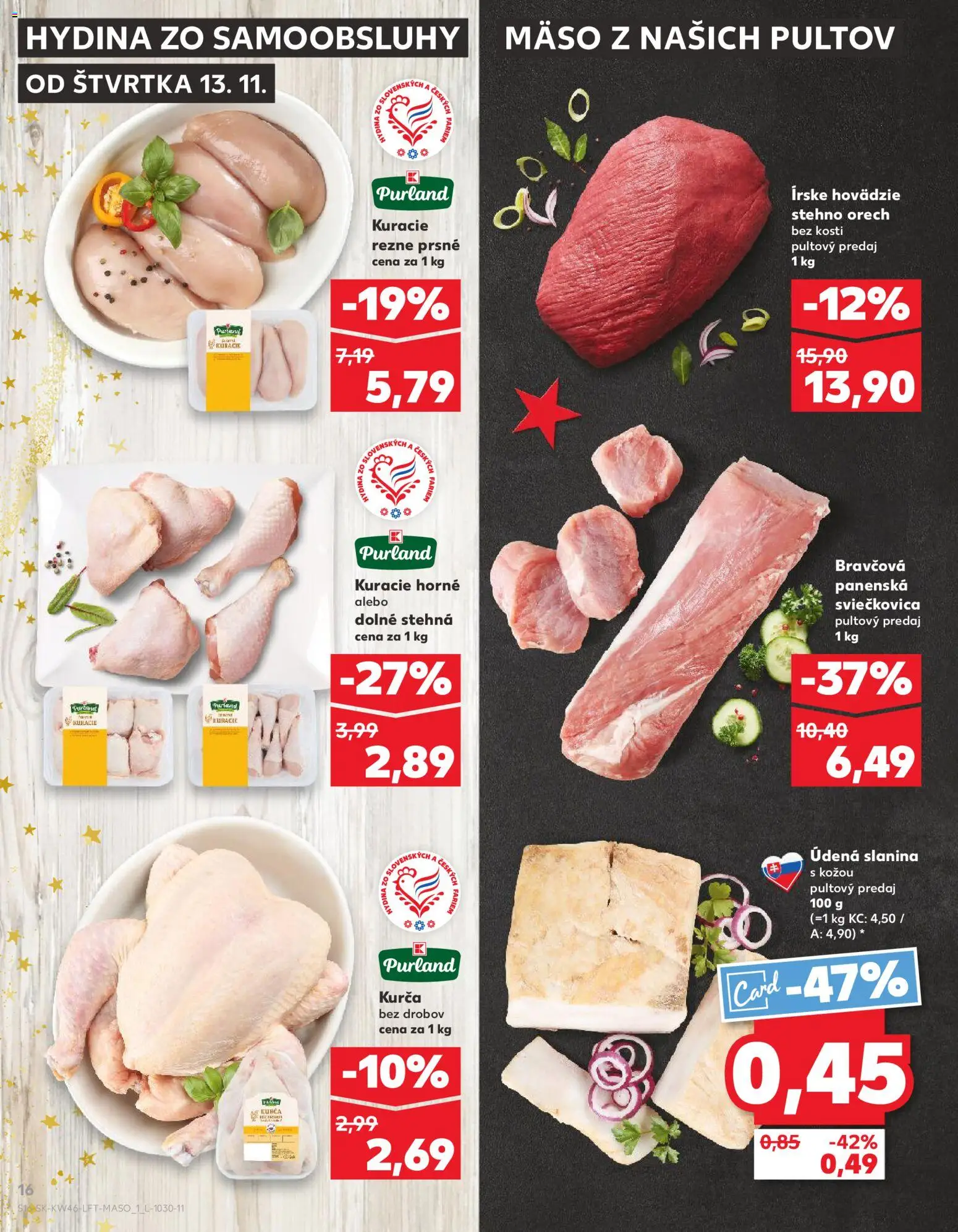 Náhľad Kaufland letáku platného od 13.11.2025 - Mäso, Kuracie rezne, Slanina, Hovädzie stehno, Kurča