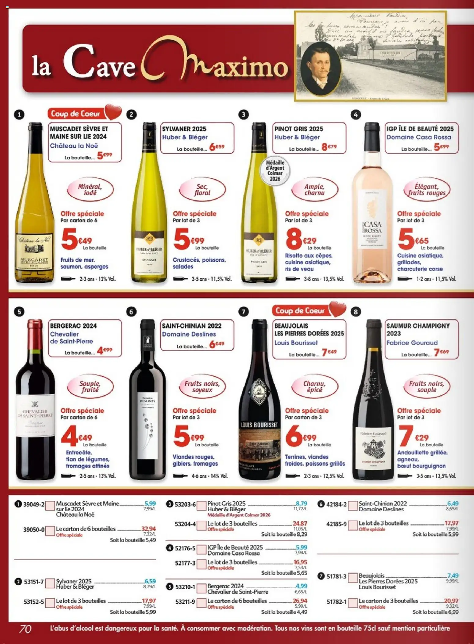Prévisualisation de Maximo catalogue epicerie du magasin Maximo formulaire valide 26/10/2026 - Poissons, Fruits, Ris de veau, Charcuterie, Bœuf bourguignon, Bouteille, Pinot gris, Muscadet sevre et maine