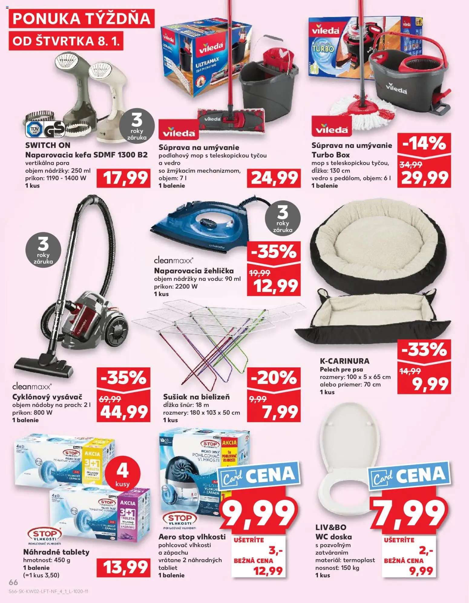 Náhľad Kaufland letáku platného od 08.01.2026 - Vysávač, Wc, Mop, Žehlička, Naparovacia žehlička, Pohlcovač vlhkosti, Kefa