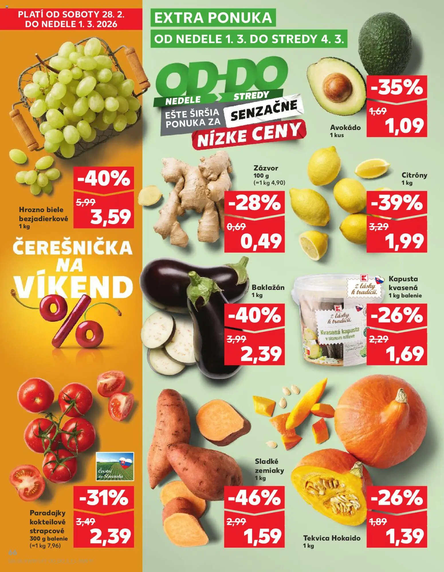 Náhľad Kaufland letáku platného od 26.02.2026 - Avokádo, Baklažán, Paradajky, Kapusta, Zemiaky, Hrozno, Zázvor, Citróny