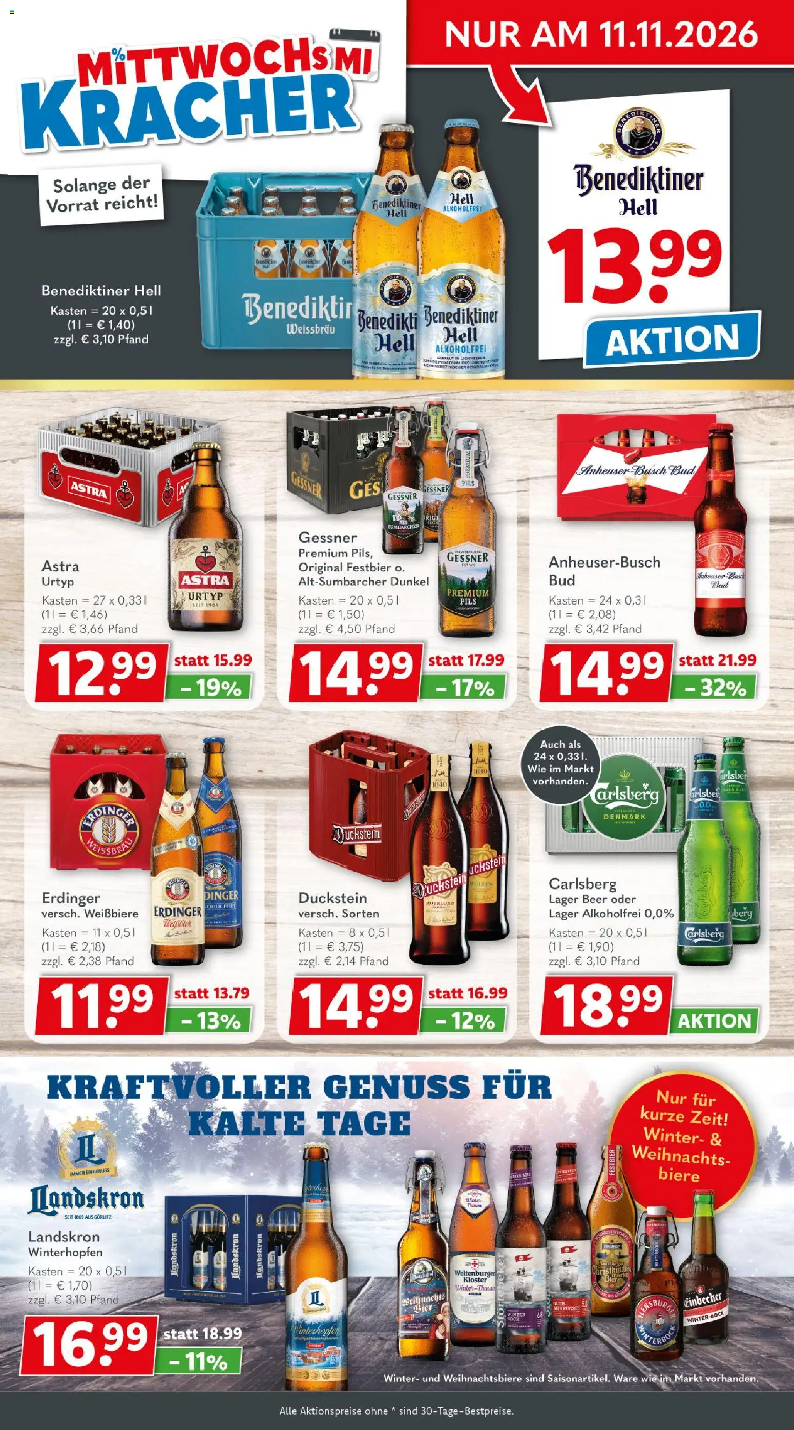 Vorschau von dem Prospekt des Geschäftes Getränkeland, gültig ab dem 09.11.2026 - Carlsberg, Astra, Erdinger, Pils, Benediktiner hell