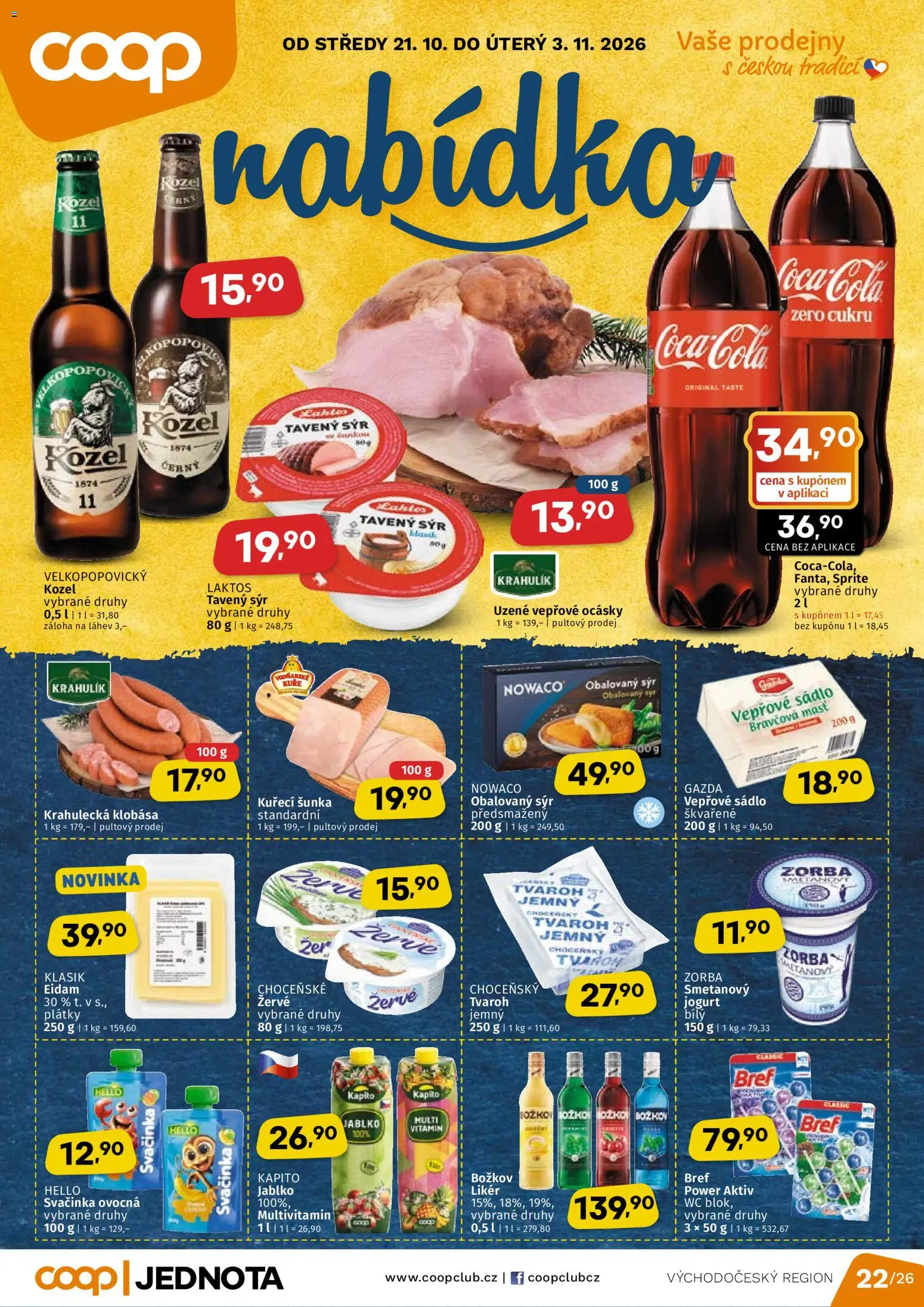 Náhled nabídky: Coop Coop leták - Východočeský region platný od 21.10.2026 - Sýr, Kozel, Božkov, Sádlo, Láhev, Žervé, Likér, Kuřecí šunka