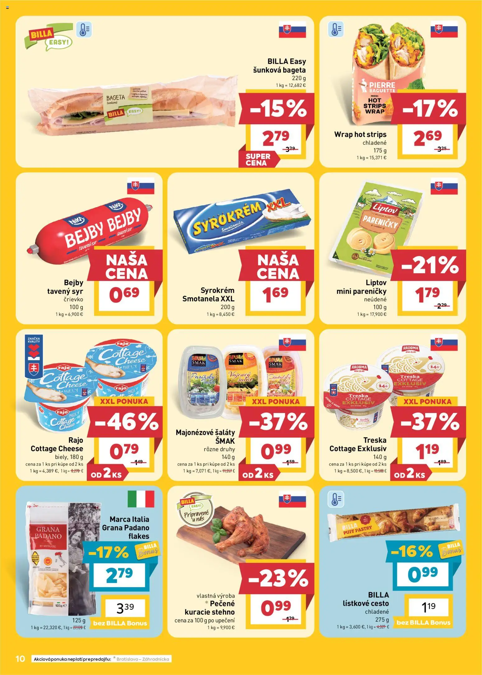 Náhľad Billa letáku platného od 14.10.2026 - Syr, Cream cheese, Treska, Bageta, Cesto, Lístkové cesto, Grana Padano, Tavený syr