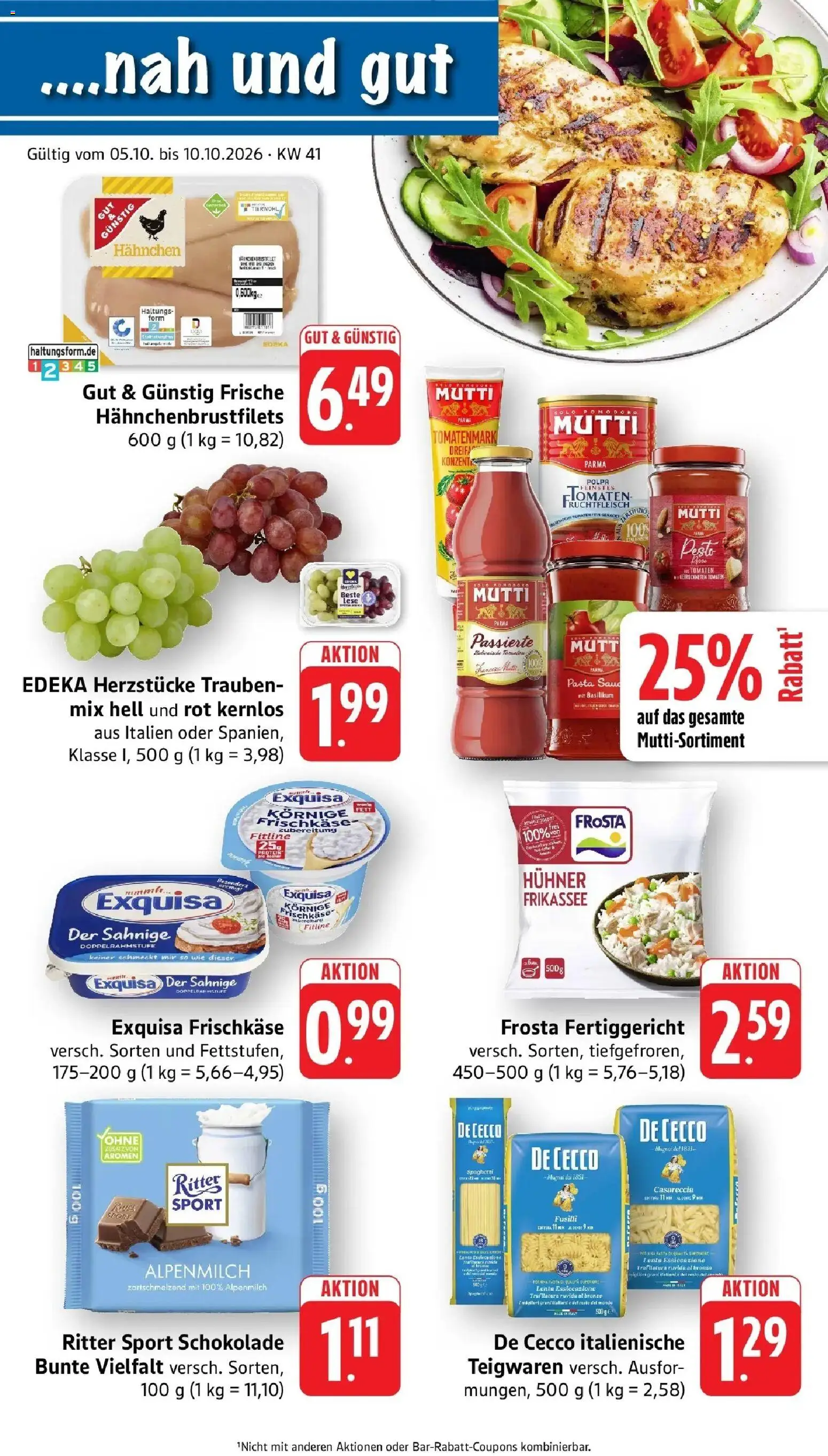 Vorschau von dem Prospekt des Geschäftes nah & gut, gültig ab dem 05.10.2026 - Ritter sport, Frosta, Trauben, Tomaten, Exquisa, Frischkase, Hahnchen, Exquisa frischkase