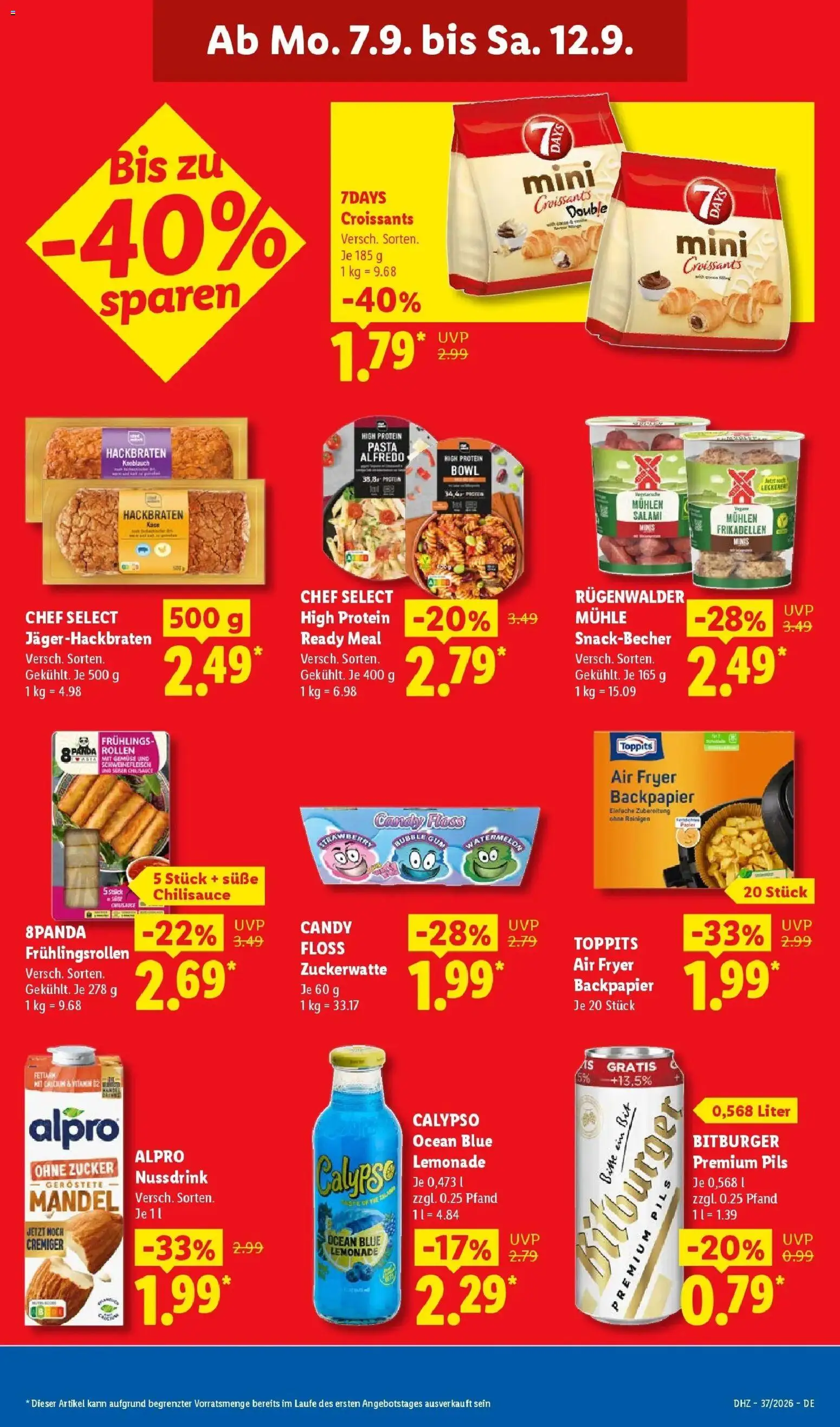Vorschau von dem Prospekt des Geschäftes Lidl, gültig ab dem 07.09.2026 - Pasta, Gemüse, Knoblauch, Zucker, Mühle, Salami, Alpro, Pils