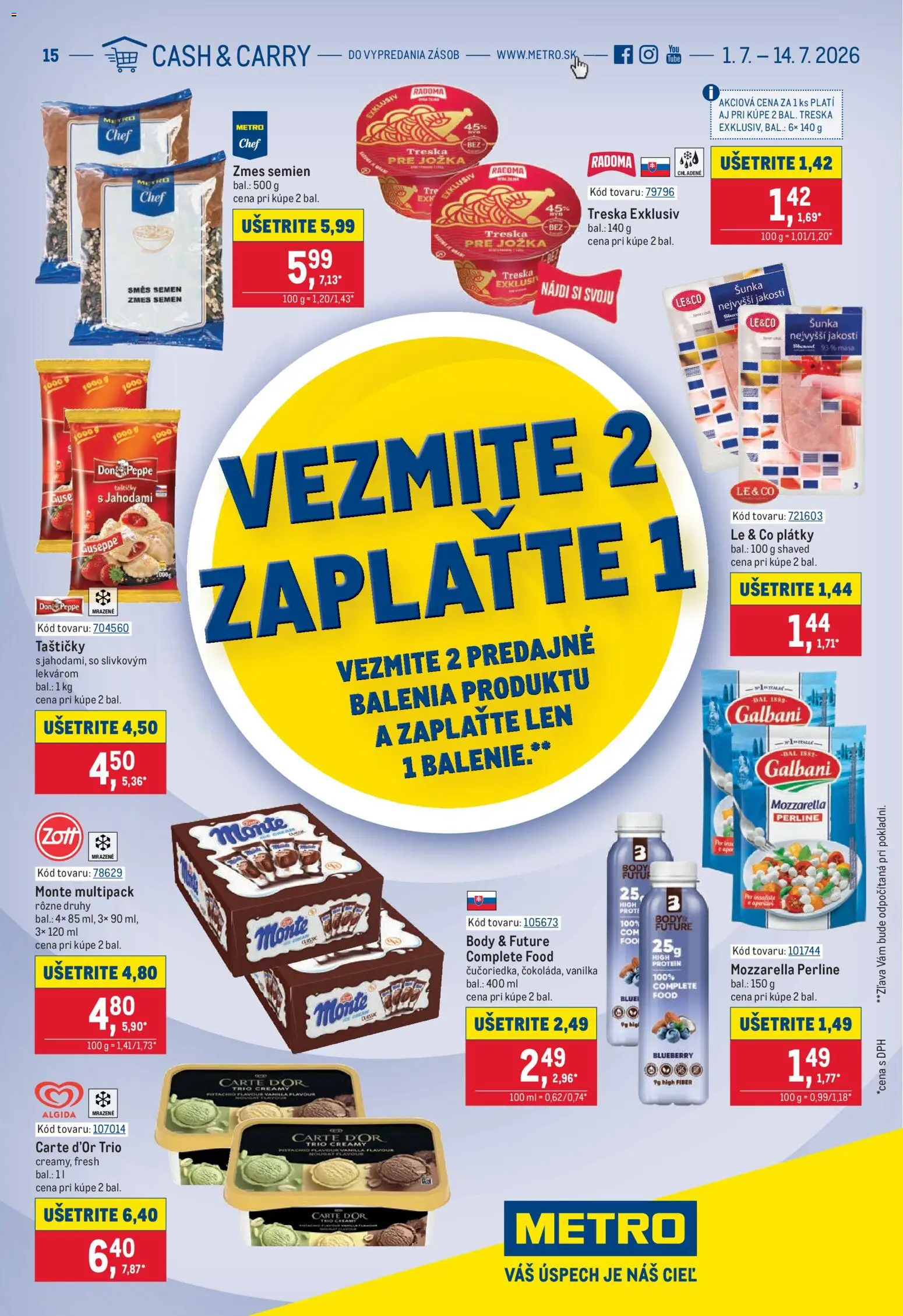 Náhľad Metro letáku platného od 01.07.2026 - Protein, Mozzarella, Treska, Šunka, Vanilka