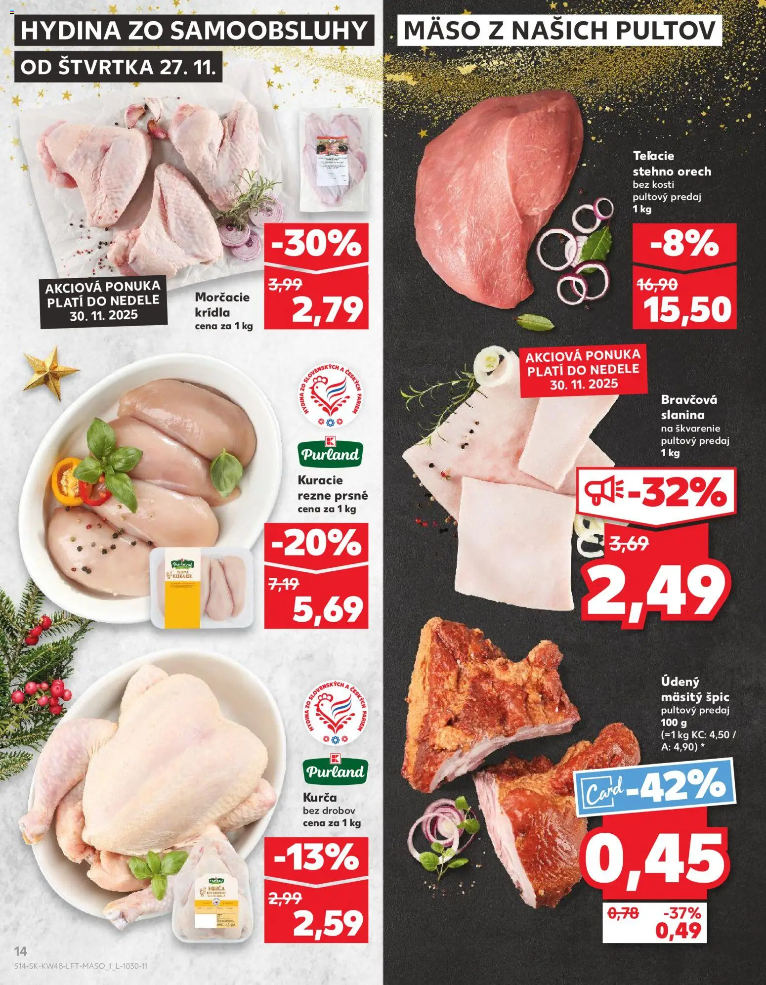 Náhľad Kaufland letáku platného od 27.11.2025 - Mäso, Kuracie rezne, Slanina, Kurča, Teľacie stehno