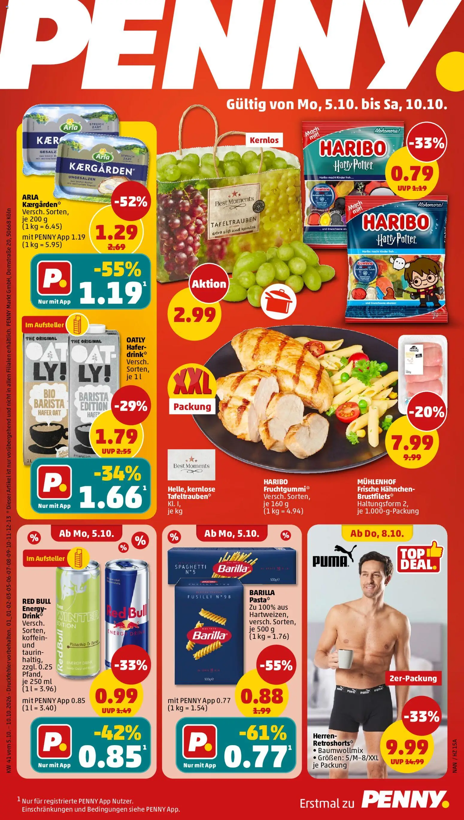Vorschau von dem Prospekt des Geschäftes Penny, gültig ab dem 05.10.2026 - Butter, Pasta, Boxer, Energy, Barilla, Rapsöl, Oatly, Hahnchen