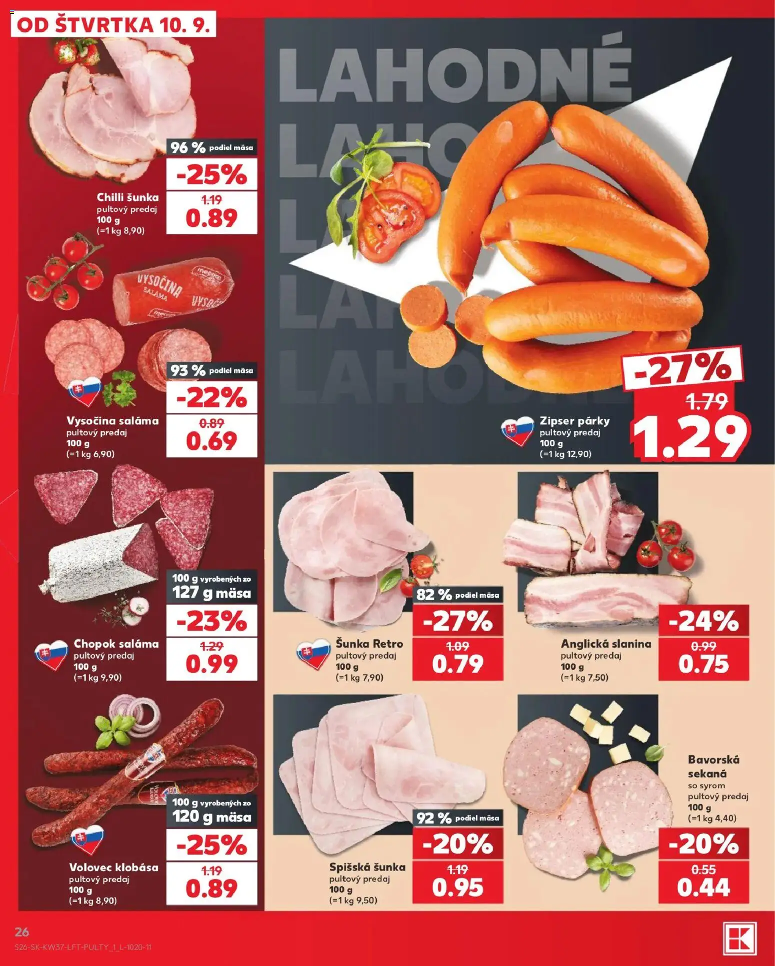 Náhľad Kaufland letáku platného od 10.09.2026 - Klobása, Chilli, Šunka, Slanina, Párky, Saláma, Anglická slanina