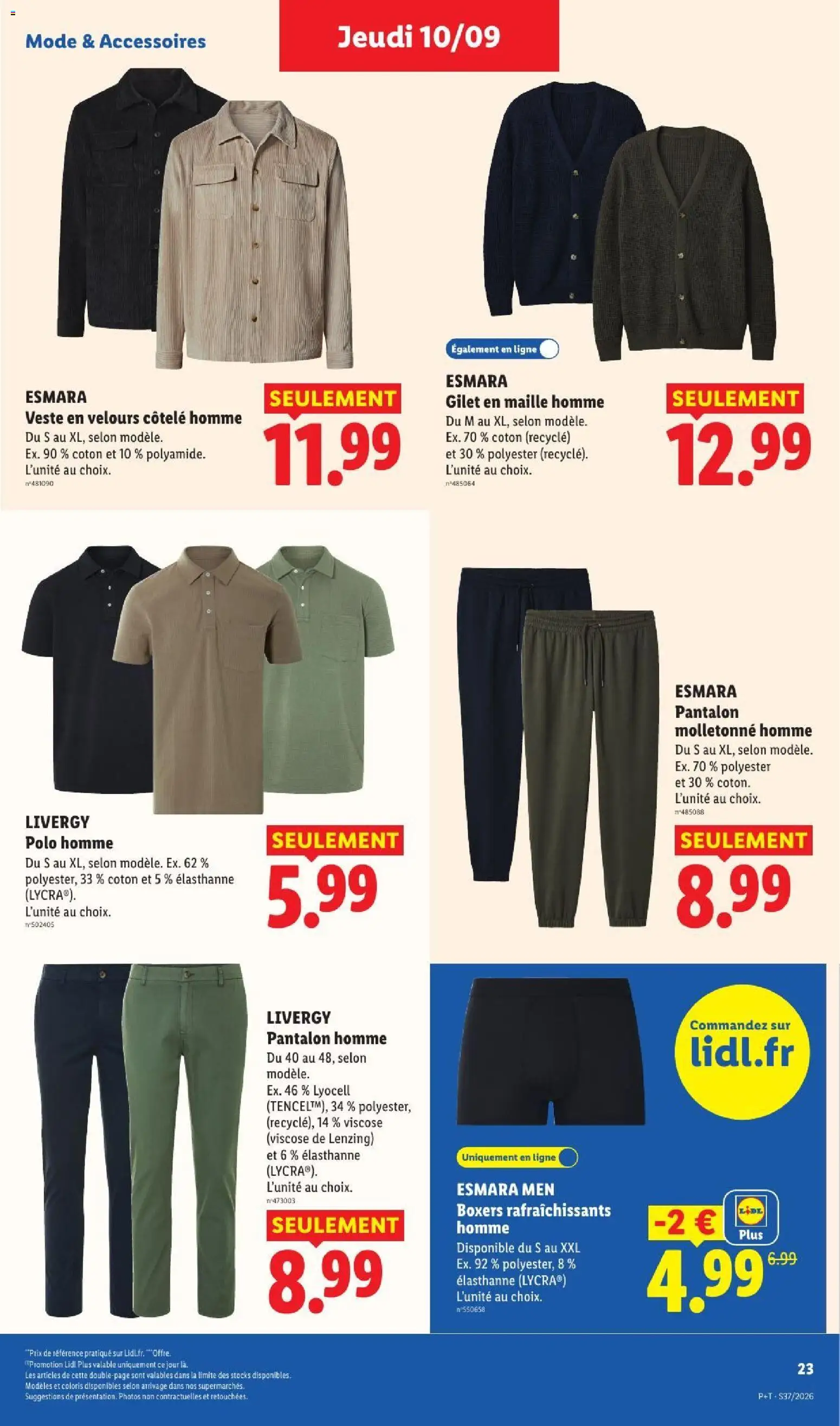Prévisualisation de LIDL catalogue du magasin LIDL formulaire valide 10/09/2026 - Polo, Pantalon, Boxers, Pantalon homme, Gilet, Coton, Livergy pantalon, Esmara pantalon