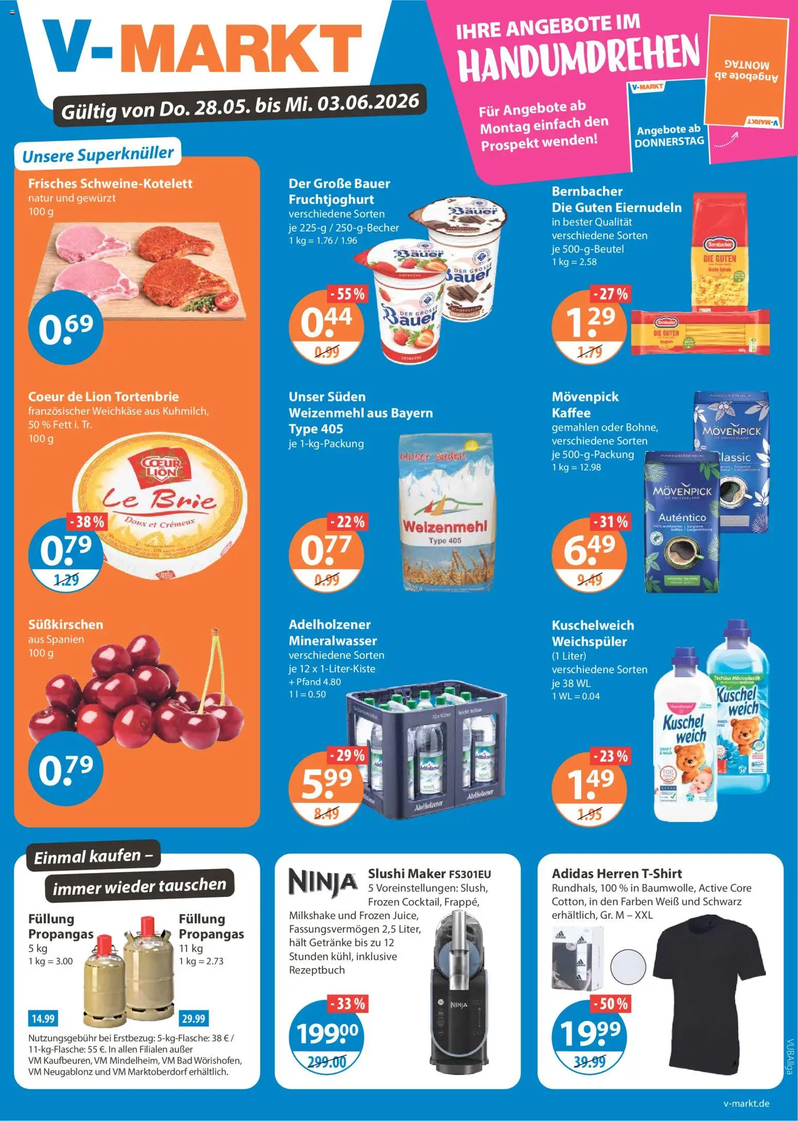 Vorschau von dem Prospekt des Geschäftes V-Markt, gültig ab dem 28.05.2026 - Kaffee, Bad, Mineralwasser, Weichspüler, Adelholzener, Weizenmehl, Kuschelweich, Fruchtjoghurt