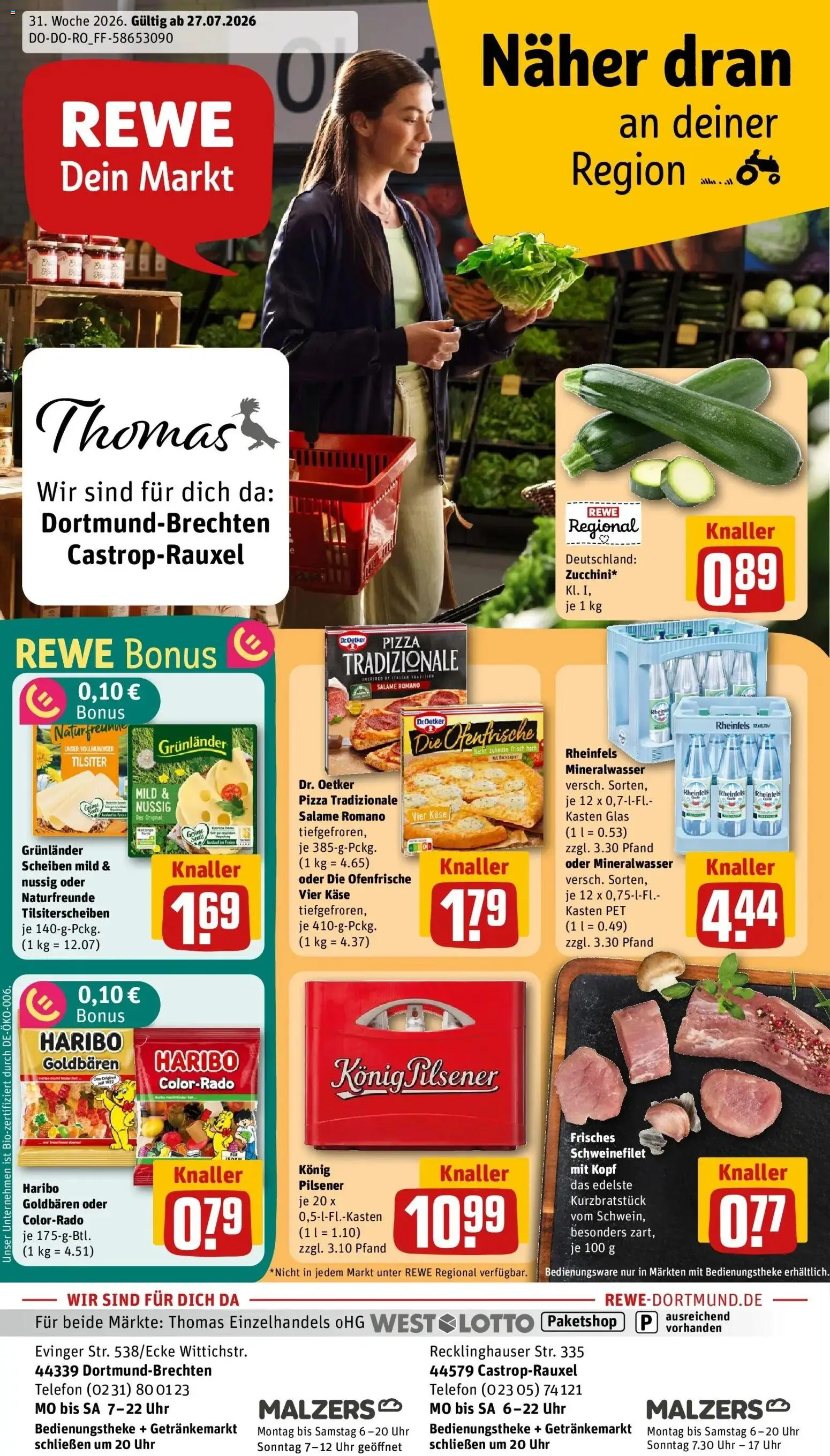 Vorschau von dem Prospekt des Geschäftes Rewe, gültig ab dem 27.07.2026 - Uhr, Telefon, Käse, Haribo, Mineralwasser, Schweinefilet, Ofenfrische, Grunlander