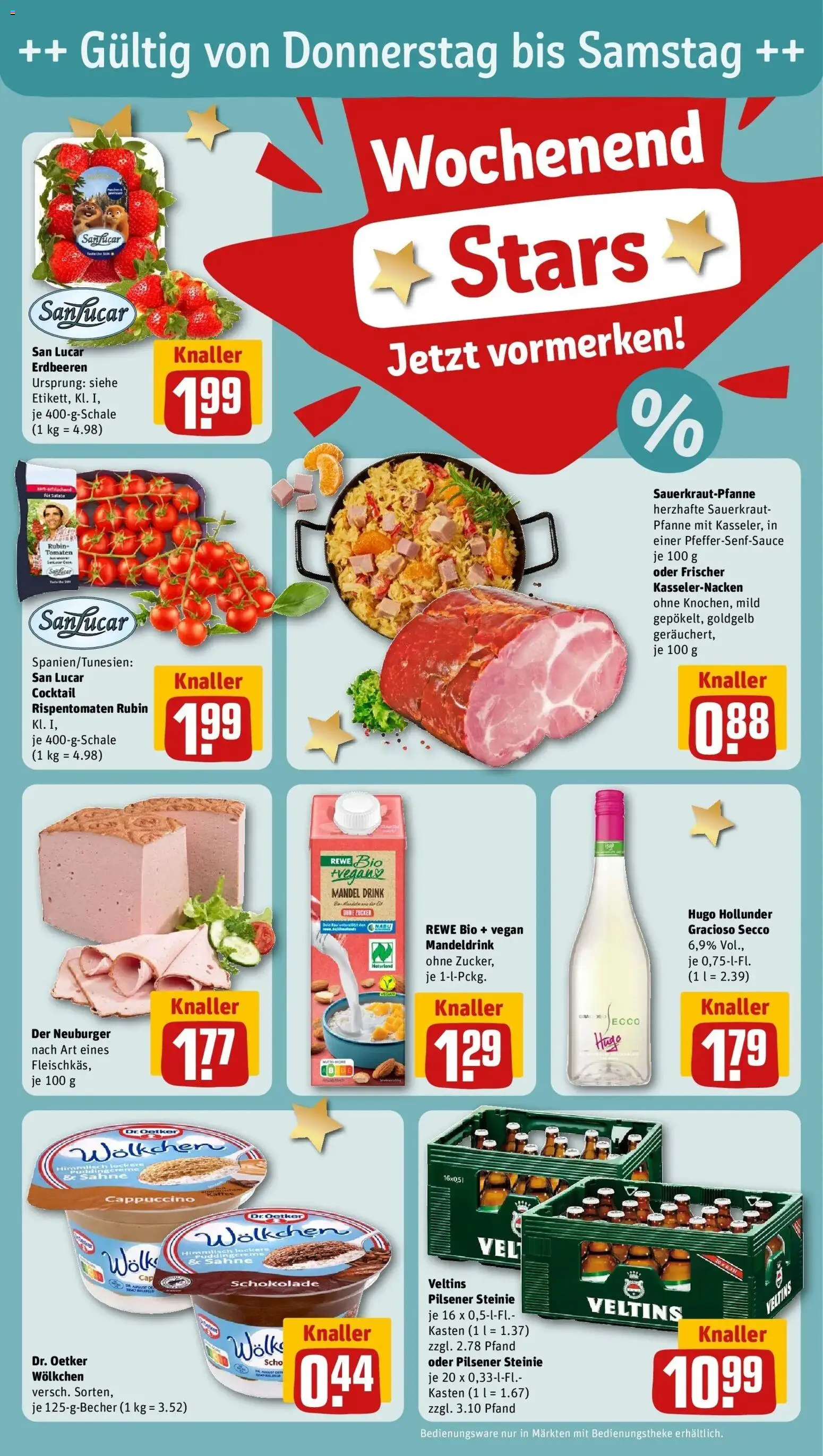 Vorschau von dem Prospekt des Geschäftes Rewe, gültig ab dem 05.04.2026 - Schokolade, Erdbeeren, Hugo, Zucker, Sahne, Veltins, Tomaten, Pudding