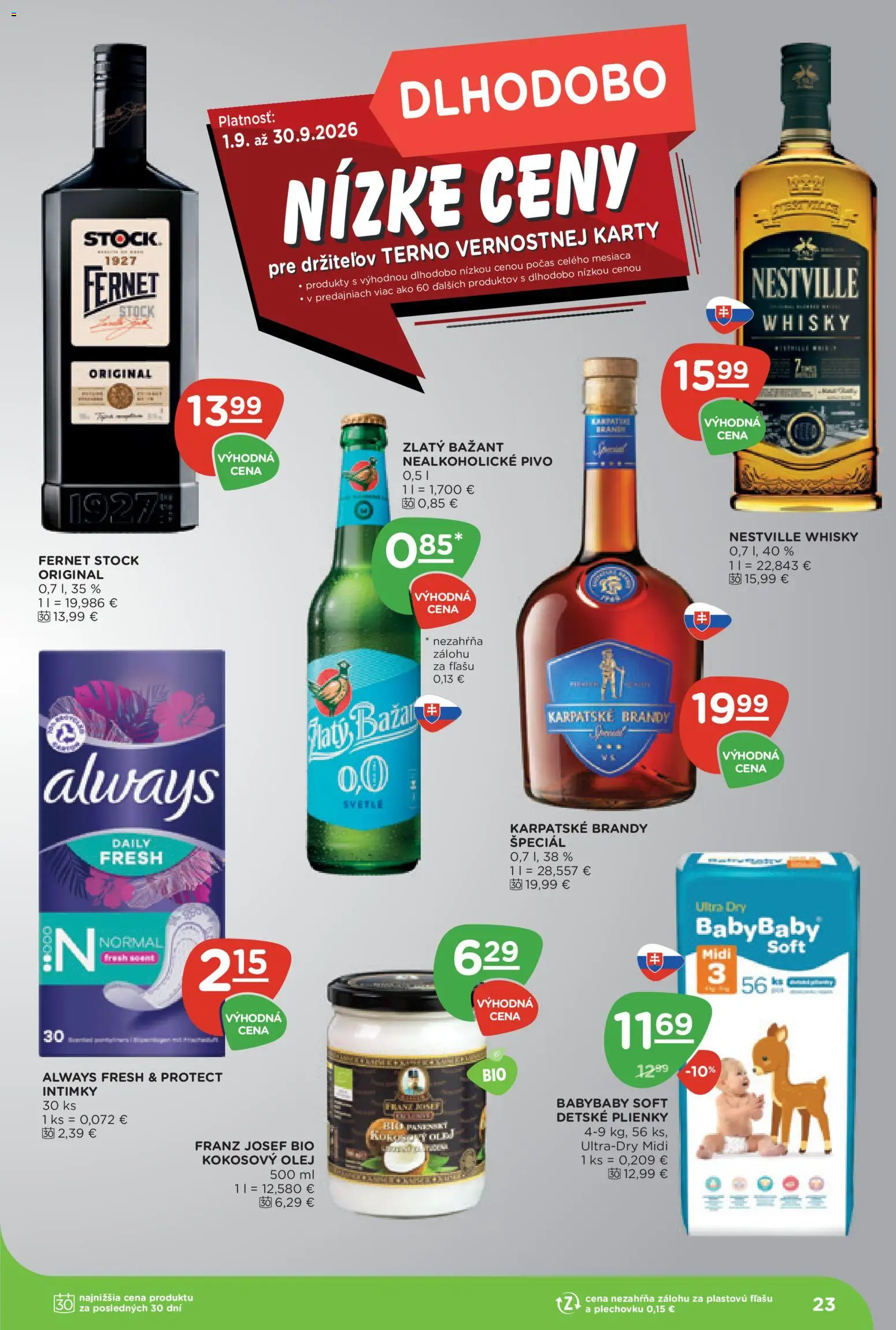 Náhľad Terno letáku platného od 10.09.2026 - Pivo, Olej, Whisky, Brandy, Fernet, Kokosový olej, Karpatské brandy, Nealkoholické pivo