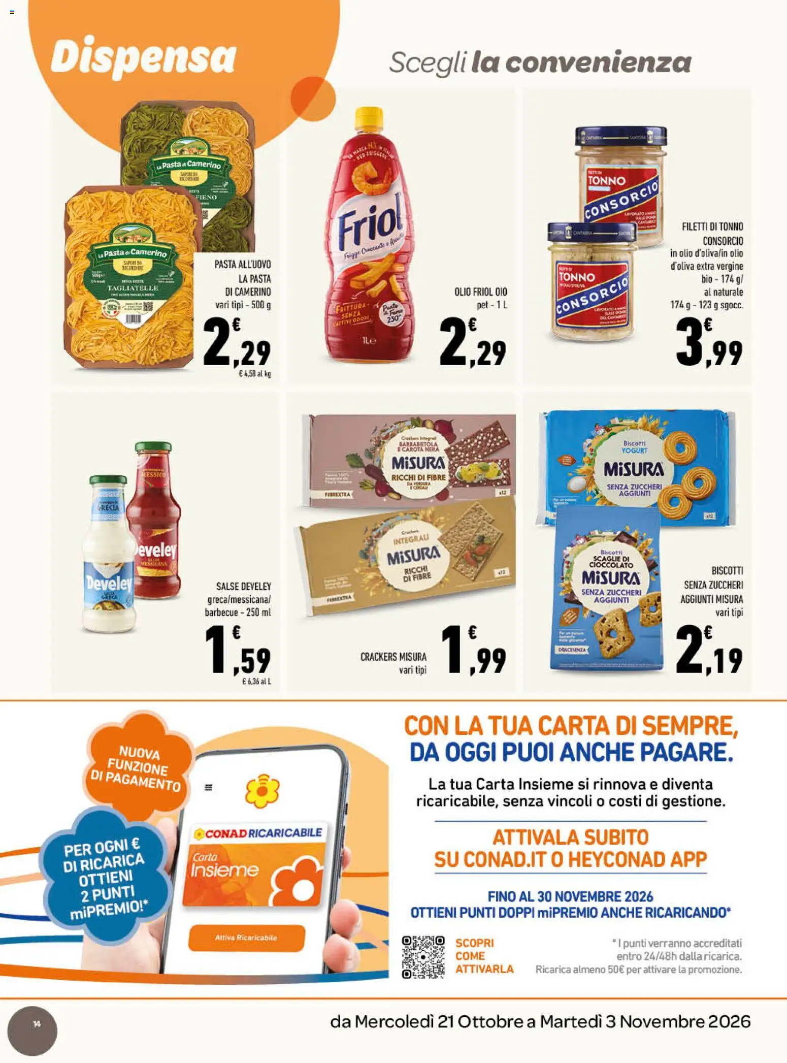 Anteprima dell'opuscolo Conad volantino Cena d'autore gourmet Lazio dal negozio Conad valido da 21/10/2026 - Cioccolato, Tagliatelle, Yogurt, Olio, Tonno, Barbabietola, Crackers, Olio d'oliva