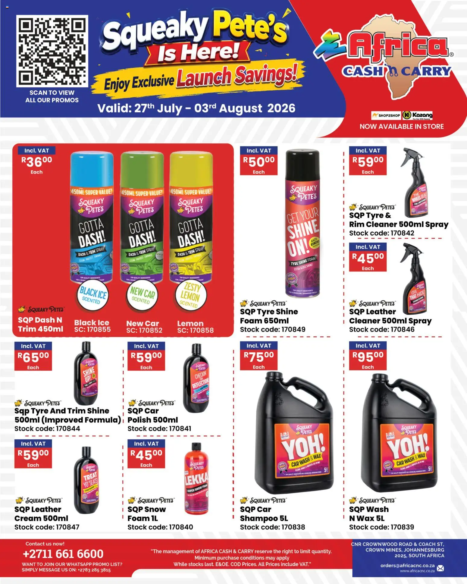 Preview of Africa Cash & Carry flyer valid from 27/07/2026 - Car wash, Wax, Cream, Lemon, Stock, Shampoo, Foam, Gloss
