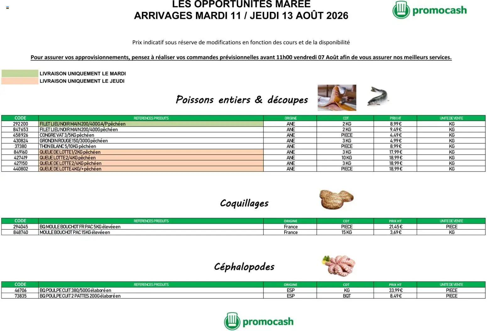 Prévisualisation de Promocash Opportunités Marée du magasin Promocash formulaire valide 11/08/2026 - Poissons, Pêche, Thon, Coquillages, Queue de lotte