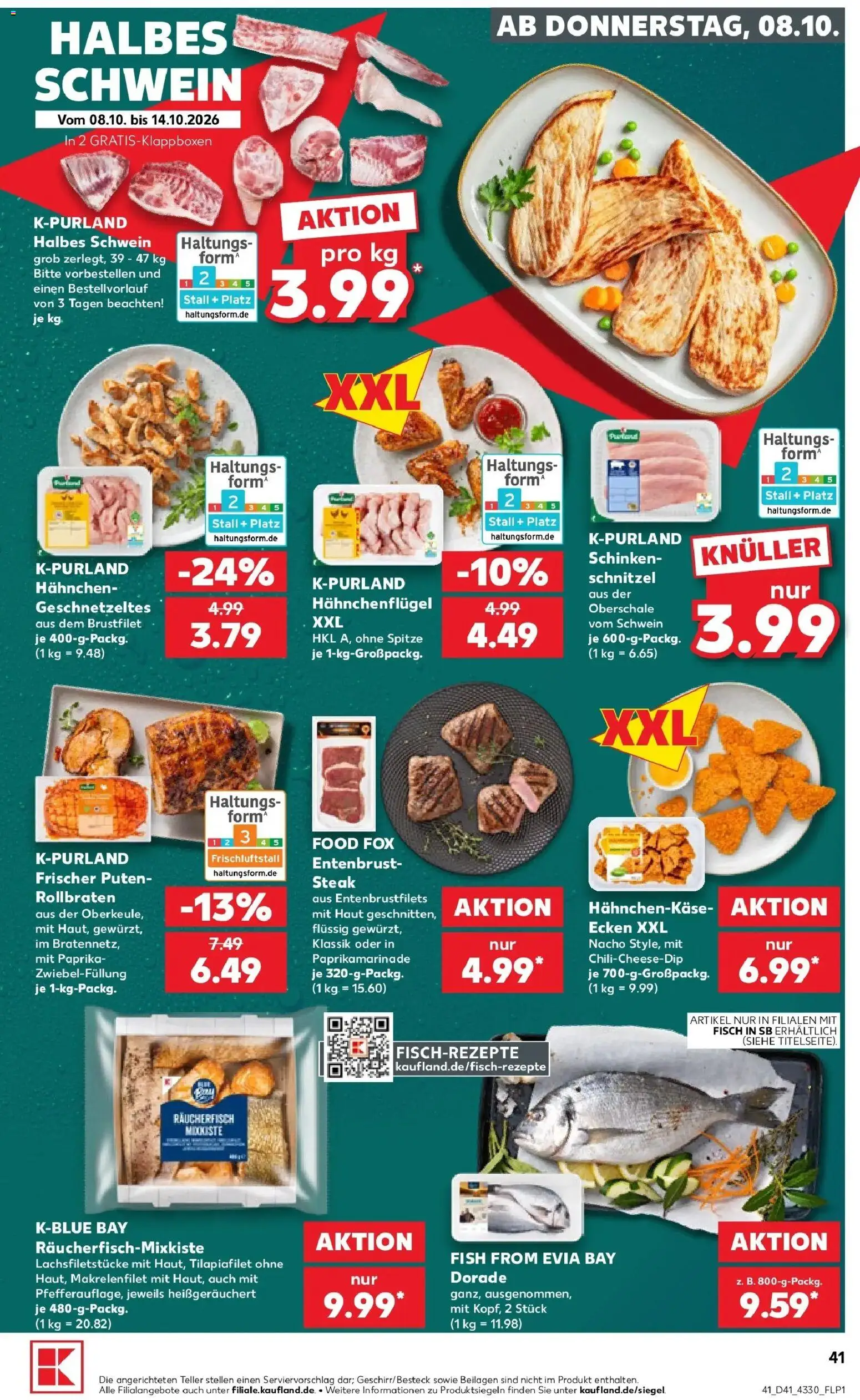 Vorschau von dem Prospekt des Geschäftes Kaufland, gültig ab dem 08.10.2026 - Schnitzel, Fisch, Steak, Paprika, Dorade, Schinken, Beilagen, Hahnchen