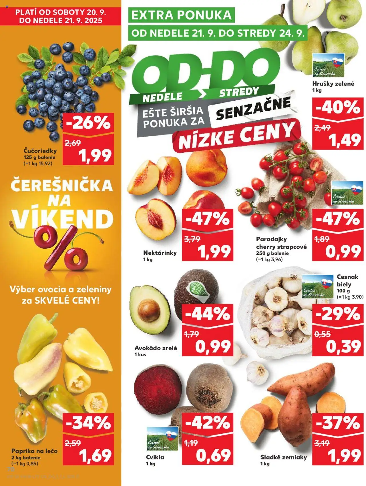 Náhľad Kaufland letáku platného od 18.09.2025 - Paprika, Avokádo, Čučoriedky, Paradajky, Cvikla, Cesnak, Zemiaky, Hrušky