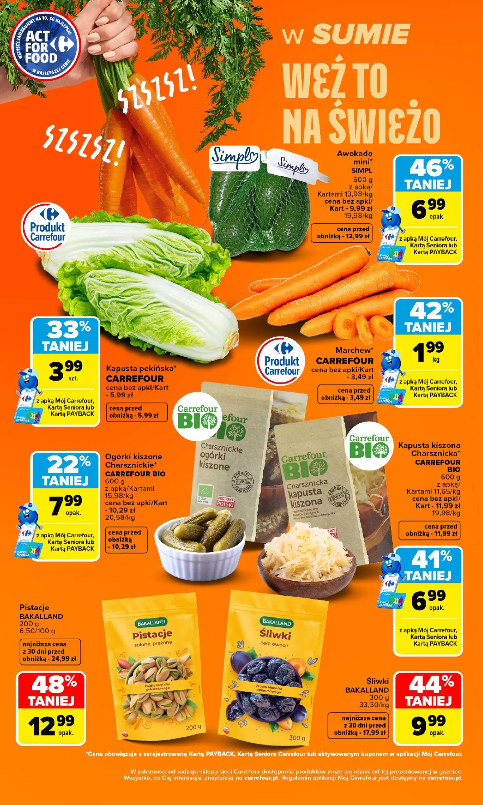 Pogląd gazetki "Carrefour gazetka - Weź to na świeżo" ze sklepu Carrefour ważnej od 26.10.2026 - Awokado, Ogórki kiszone, Owoce, Pistacje, Karta, Kapusta kiszona, Śliwki, Kiszone ogórki