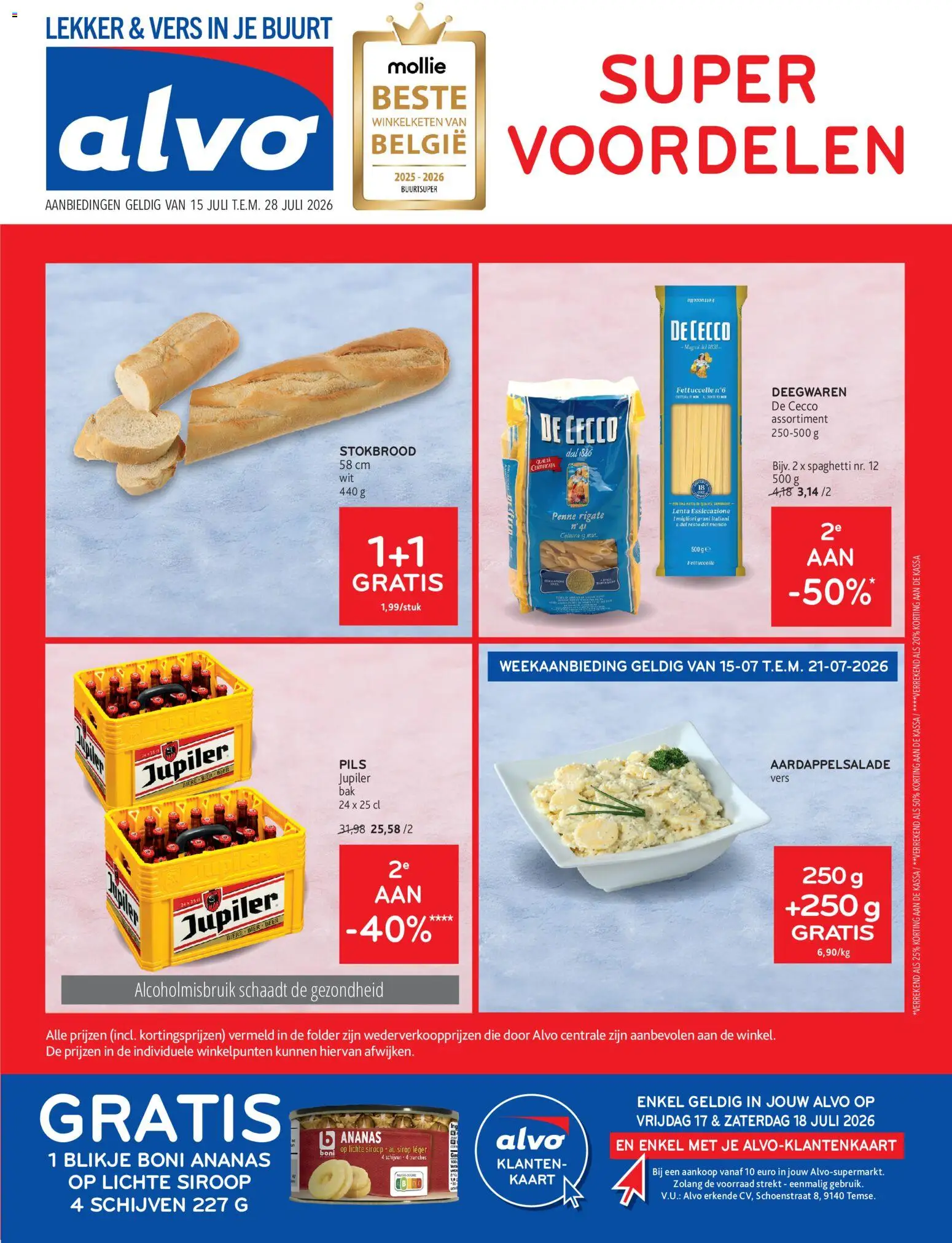 Voorbeeld van Alvo Folder van winkel Alvo geldig vanaf 15/07/2026 - Spaghetti, Kaart, Aardappelsalade, Ananas, Stokbrood, Siroop