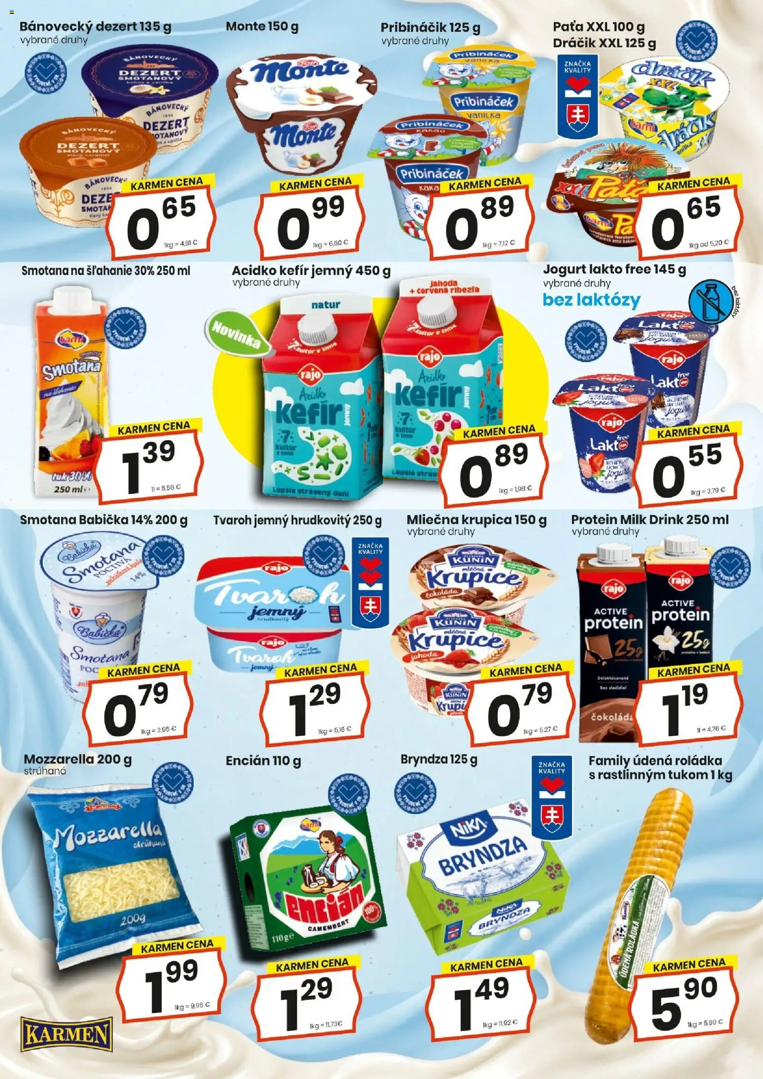 Náhľad KARMEN CBA letáku platného od 15.10.2026 - Protein, Bryndza, Krupica, Camembert, Vanilka, Acidko, Smotana, Pena