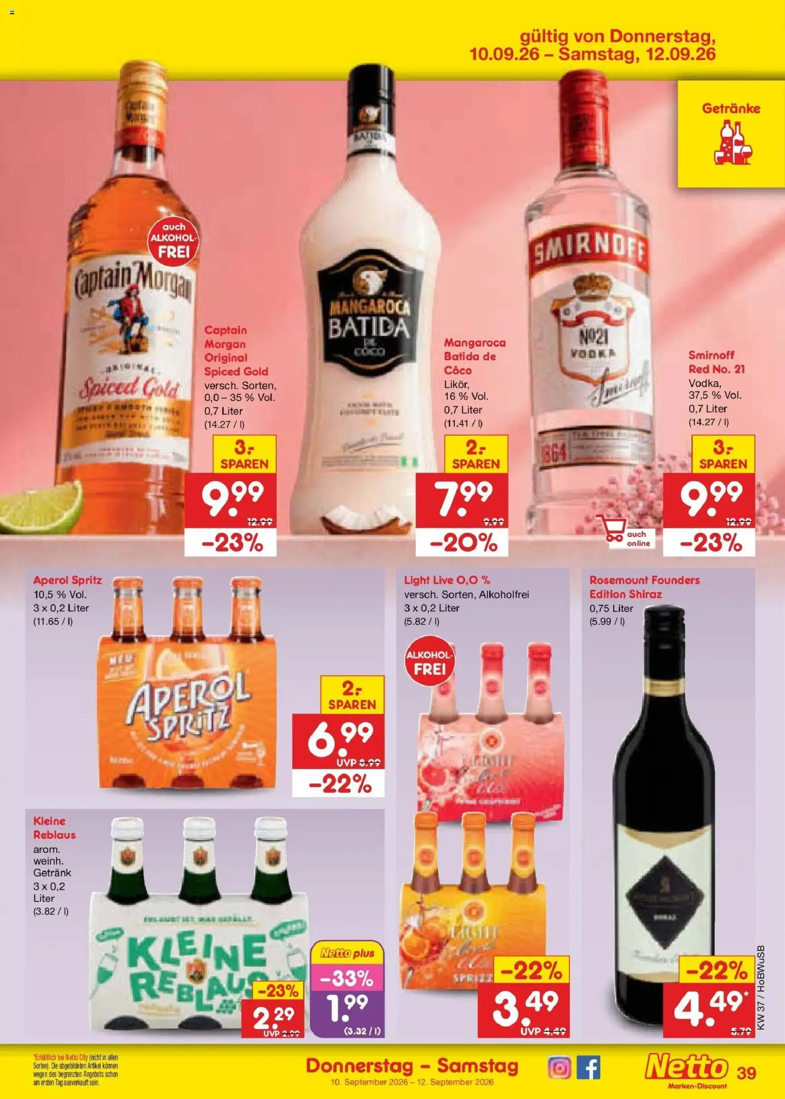 Vorschau von dem Prospekt des Geschäftes Netto Marken-Discount, gültig ab dem 07.09.2026 - Aperol, Alkohol, Captain morgan, Smirnoff