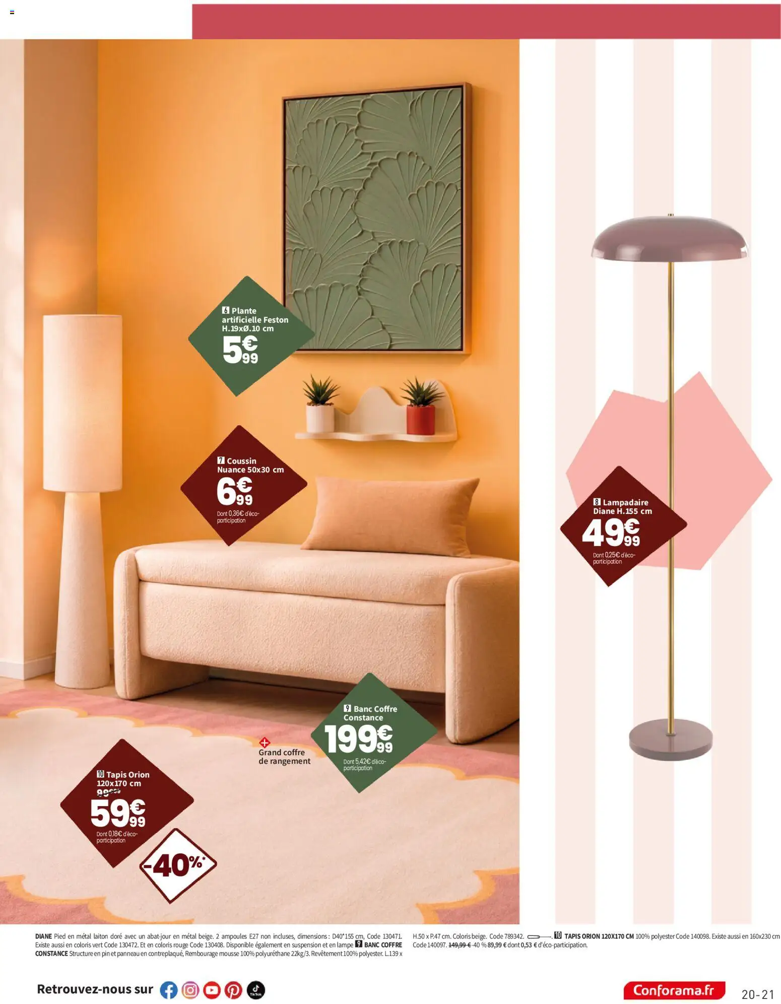 Prévisualisation de Conforama catalogue du magasin Conforama formulaire valide 08/09/2026 - Tapis, Lampadaire, Ampoules, Suspension, Mousse, Banc, Plante artificielle, Coffre de rangement