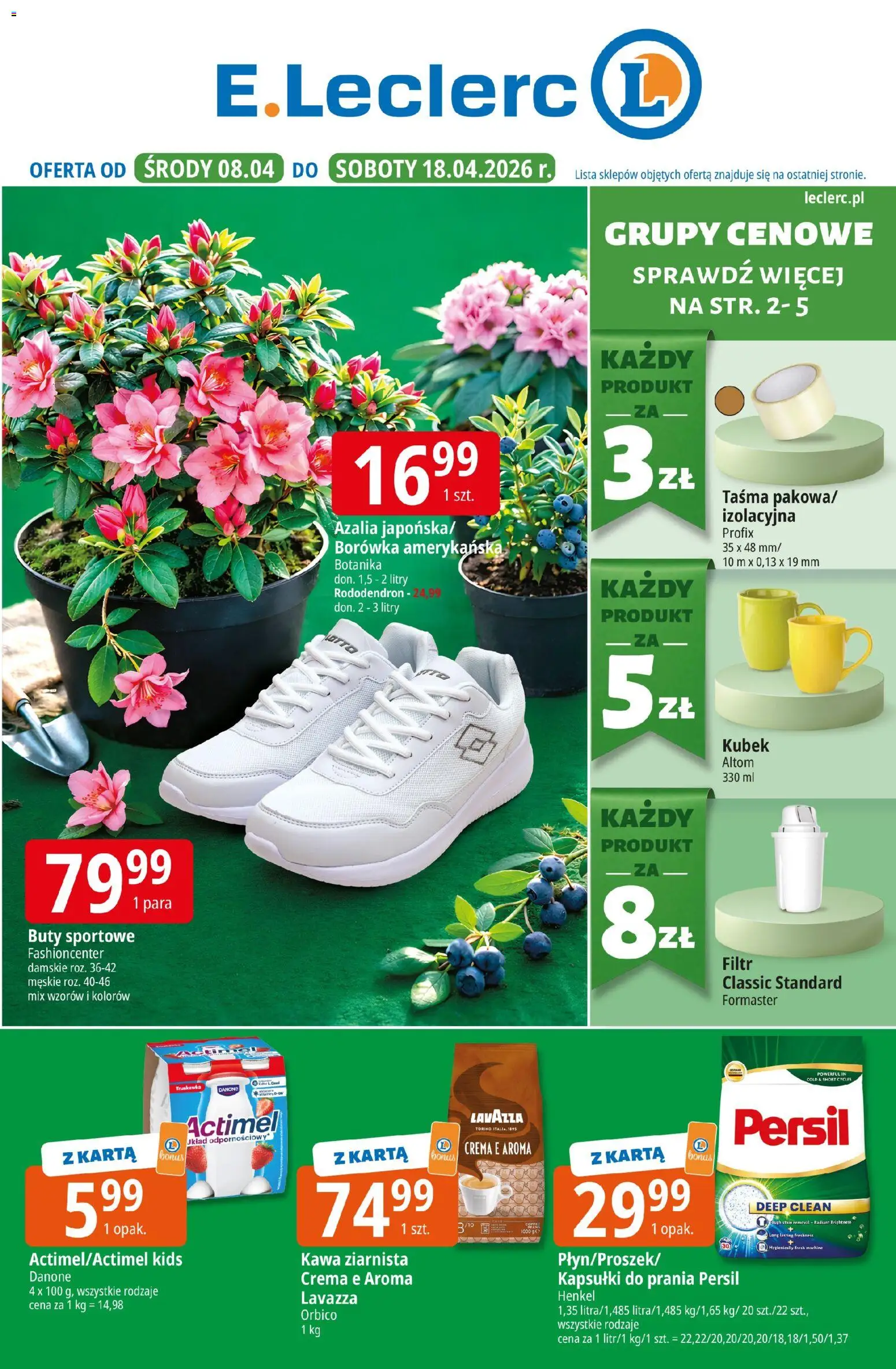 Pogląd gazetki "E.Leclerc gazetka - Tychy" ze sklepu E.Leclerc ważnej od 08.04.2026 - Azalia, Kawa ziarnista, Kapsułki do prania, Borówka amerykańska, Lavazza, Karta, Persil, Kapsułki