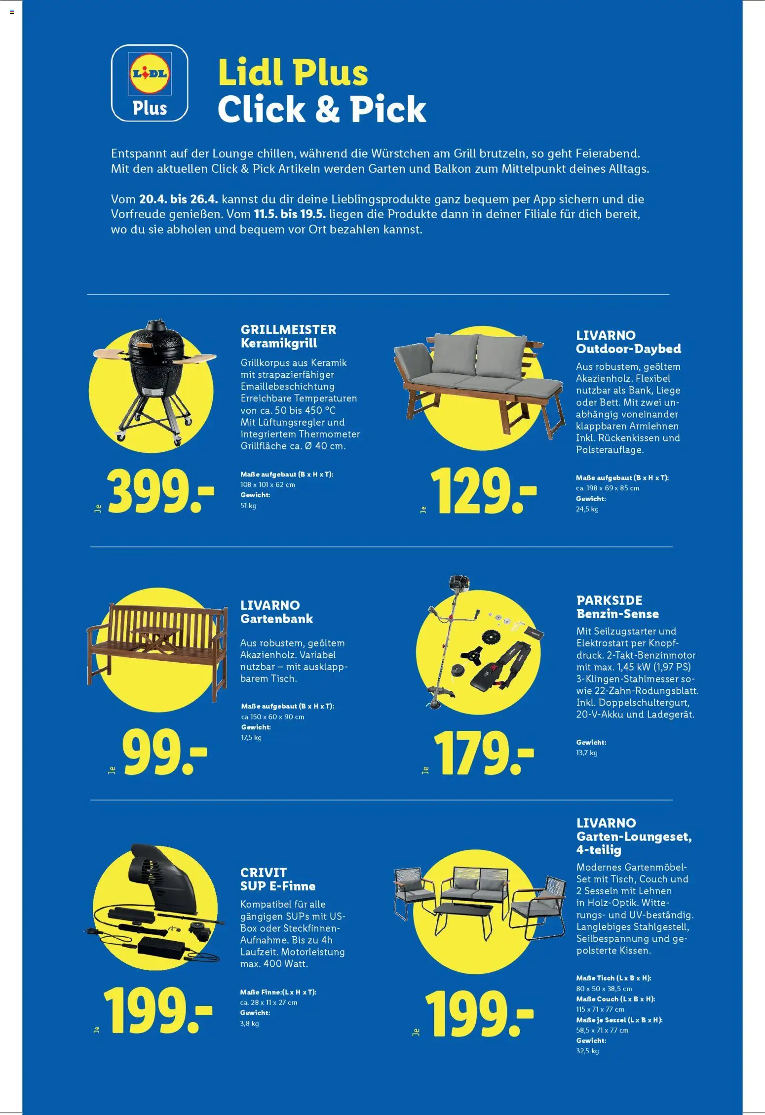 Vorschau der Angebote: Lidl Lidl Click & Pick gültig ab 20.04.2026 - Couch, Gartenmöbel, Grill, Sessel, Tisch, Thermometer, Box, Gewicht