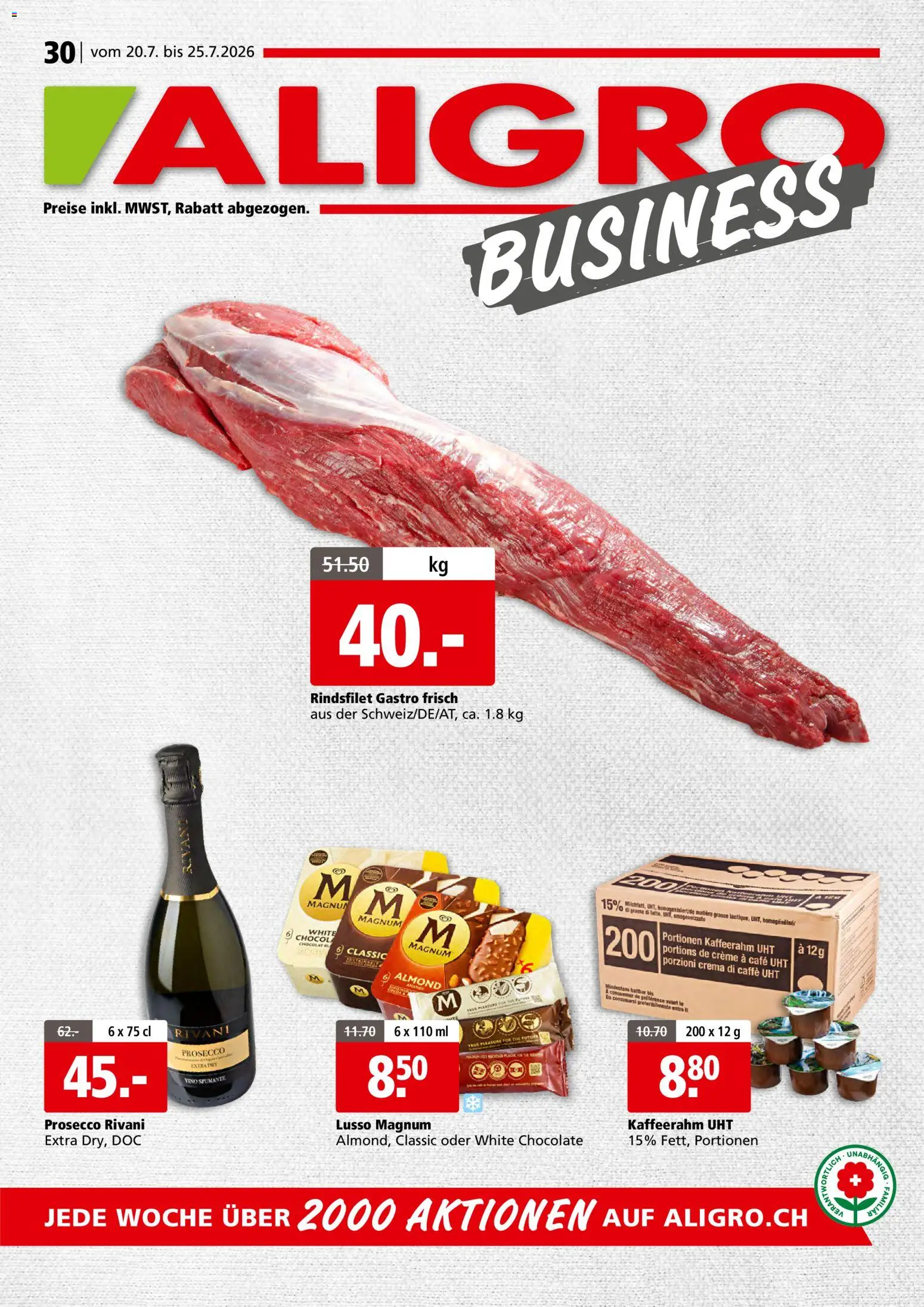 Vorschau des Merkblatts Aligro aktionen Business Schlieren, Gossau SG, Frauenfeld, Rapperswil-Jona, Sargans, Bern vom Shop Aligro gültig von 20.07.2026 bis 25.07.2026