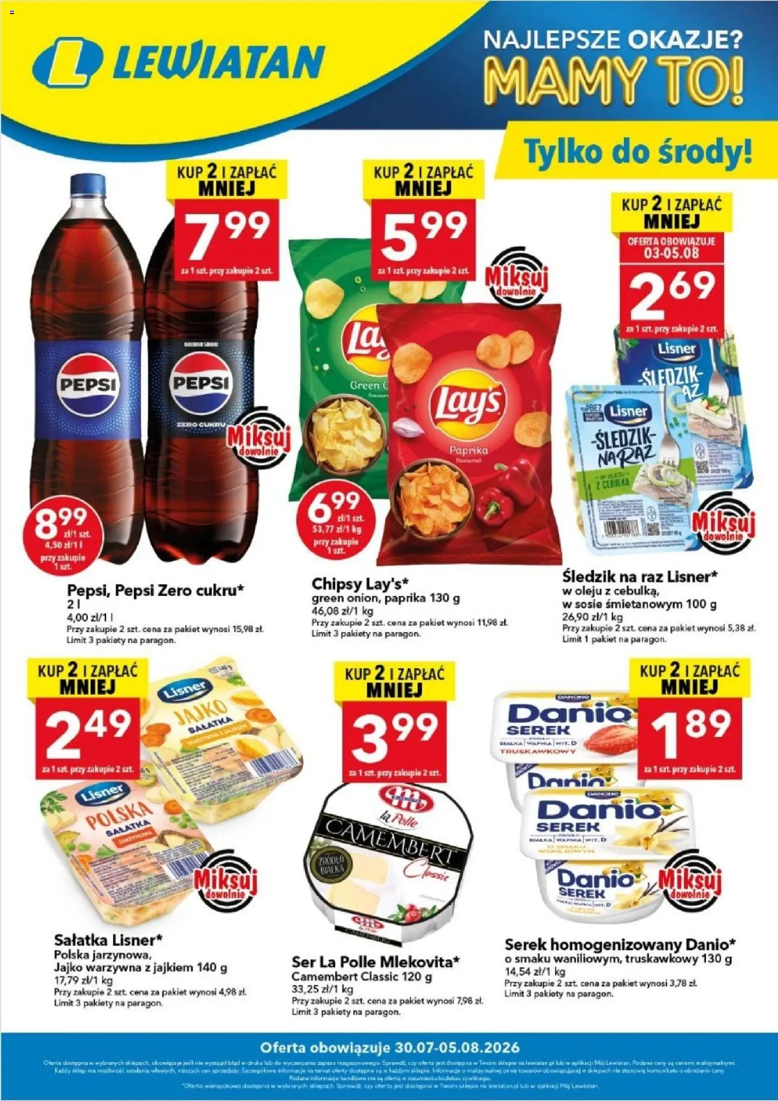 Pogląd gazetki "Lewiatan gazetka - W wielopakach taniej" ze sklepu Lewiatan ważnej od 30.07.2026 - Sałatka, Chipsy, Ser, Pepsi, Camembert, Serek homogenizowany, Serek, Pepsi Zero