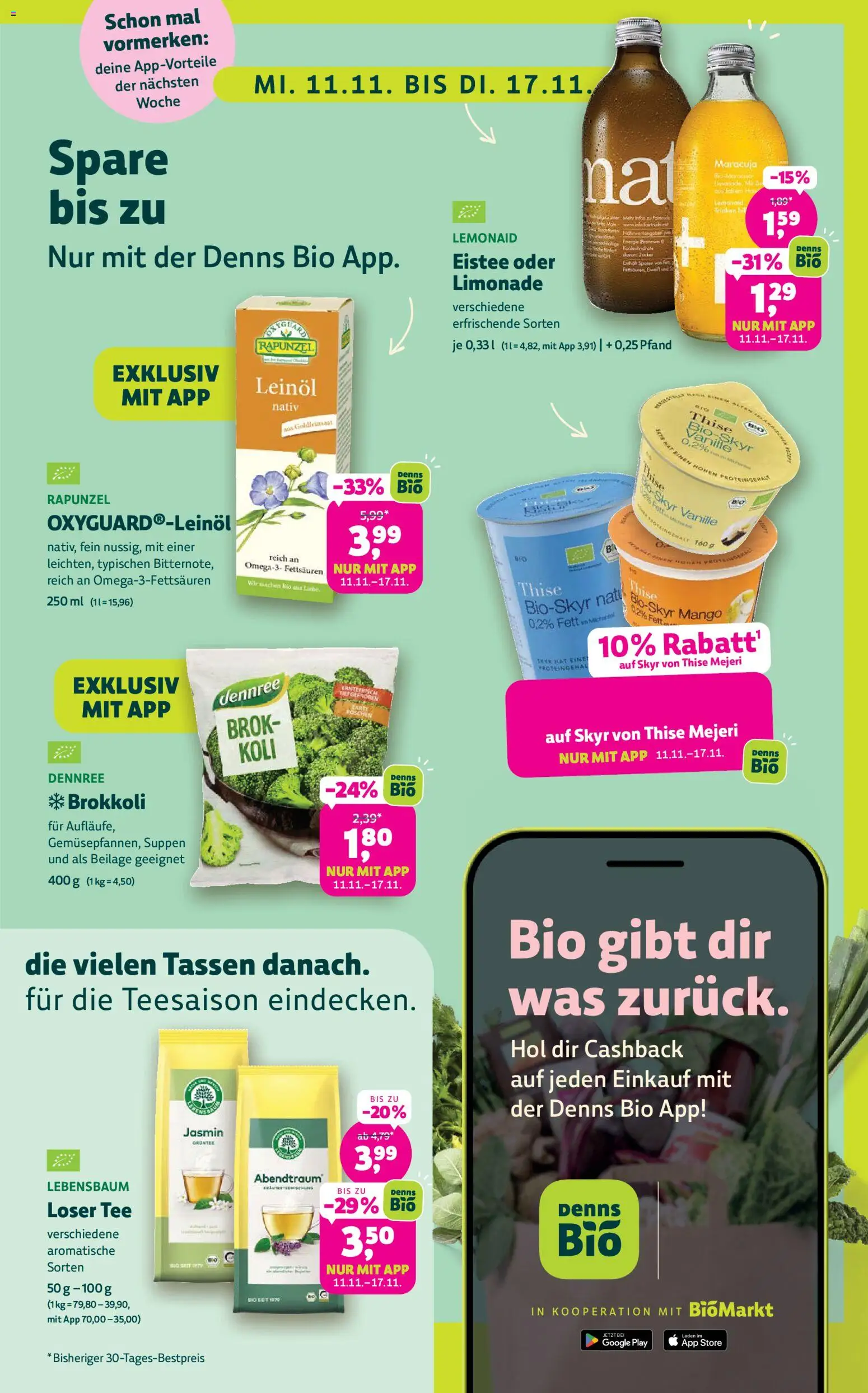 Vorschau von dem Prospekt des Geschäftes Denns BioMarkt, gültig ab dem 04.11.2026 - Mango, Brokkoli, Tee, Skyr, Leinöl, Zucker, Vanille, Limonade