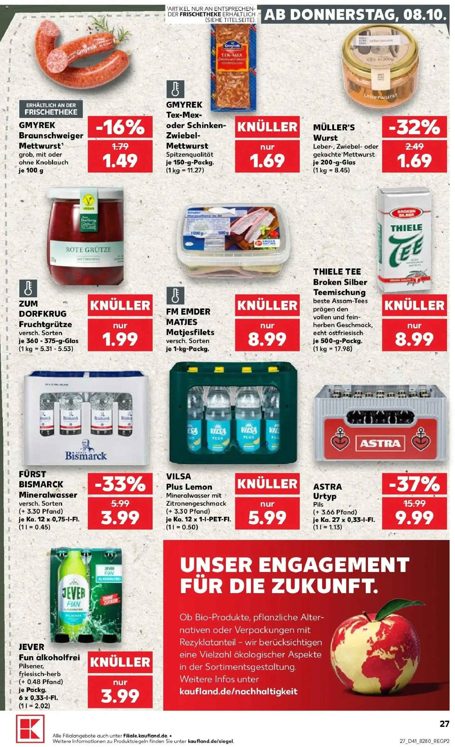 Vorschau von dem Prospekt des Geschäftes Kaufland, gültig ab dem 08.10.2026 - Wurst, Tee, Mineralwasser, Jever, Knoblauch, Astra, Schinken, Pils