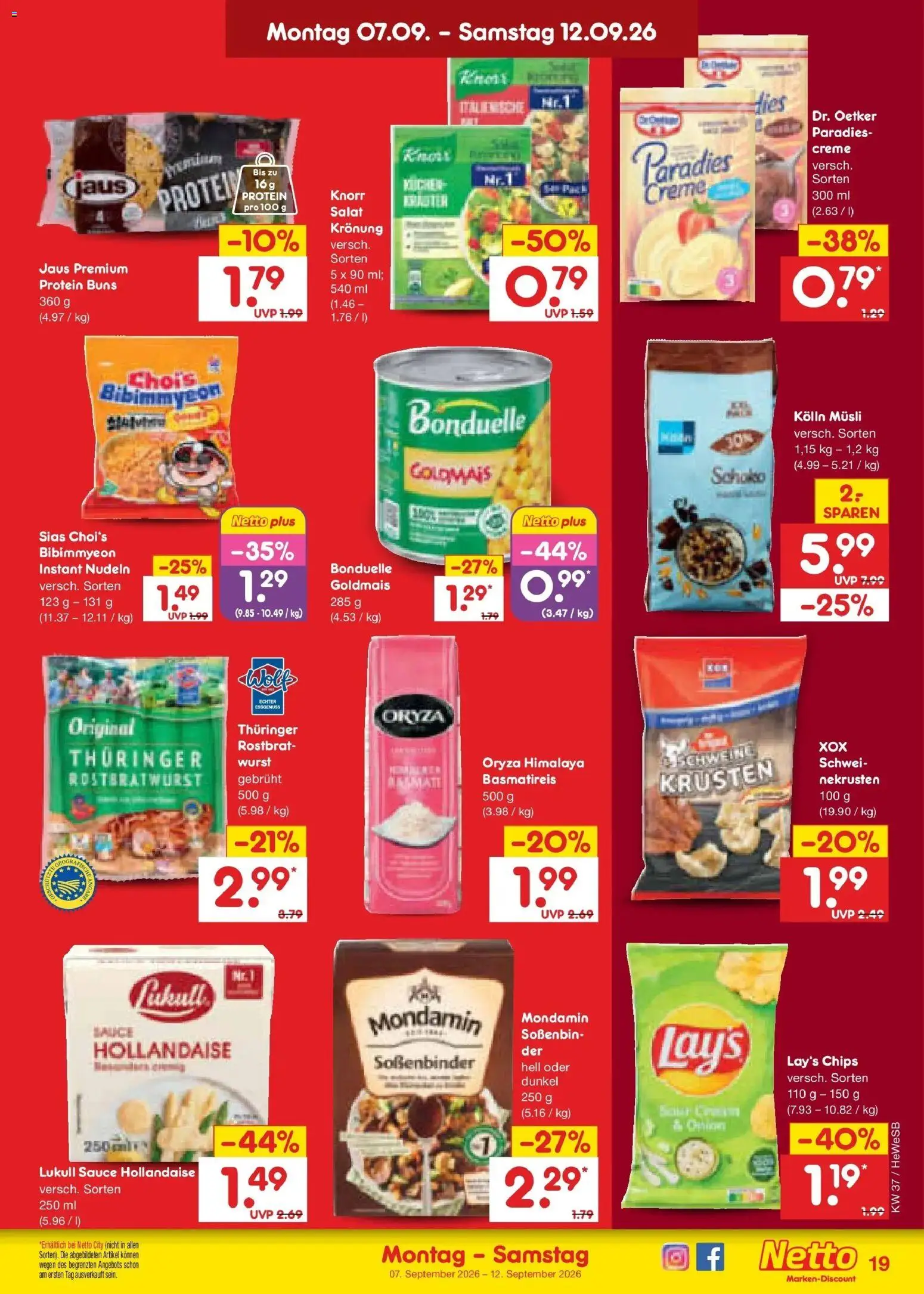 Vorschau von dem Prospekt des Geschäftes Netto Marken-Discount, gültig ab dem 07.09.2026 - Chips, Wurst, Salat, Nudeln, Basmatireis, Creme, Kolln, Kolln musli