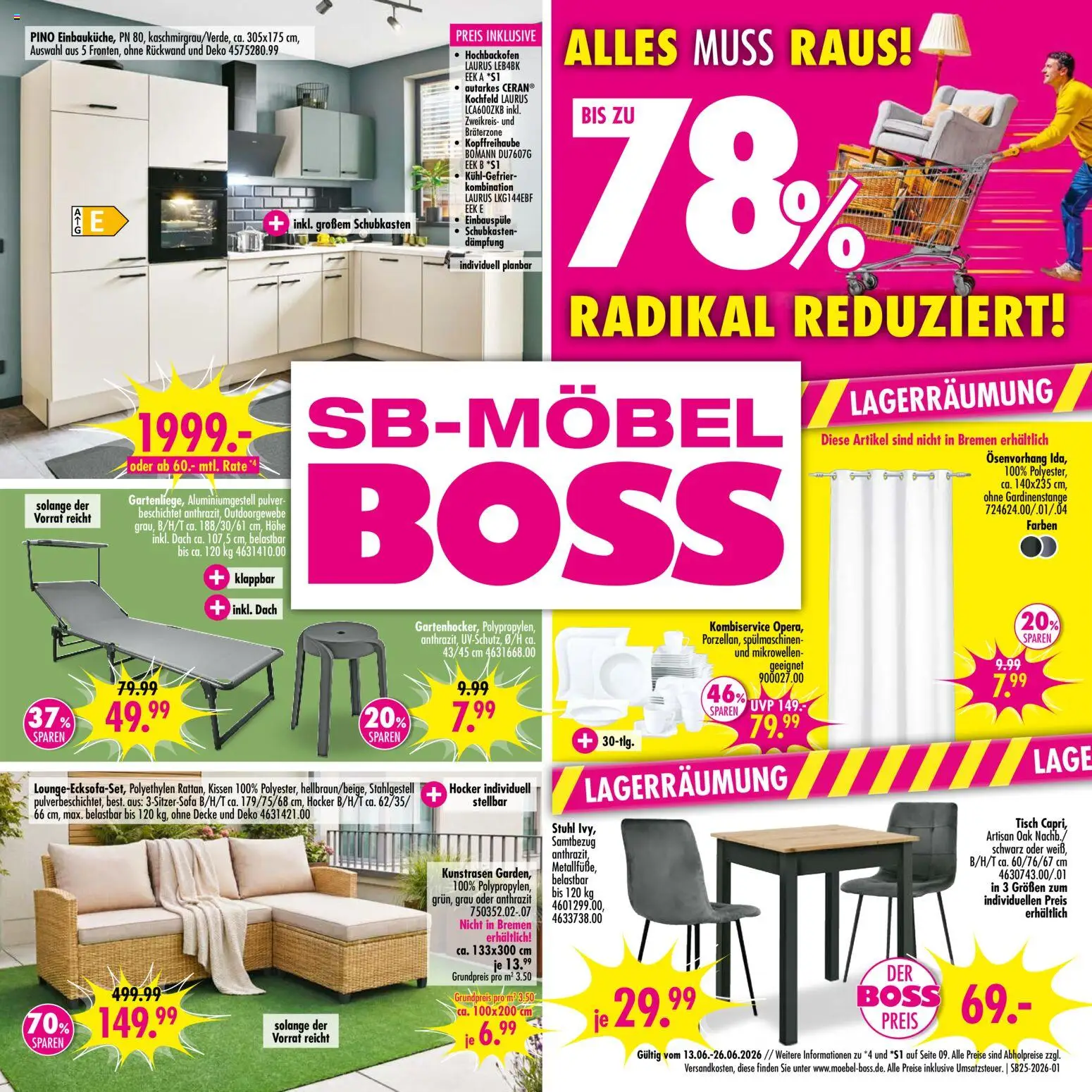Vorschau von dem Prospekt des Geschäftes SB Möbel Boss, gültig ab dem 13.06.2026 - Kissen, Stuhl, Hocker, Tisch, Decke, Kochfeld