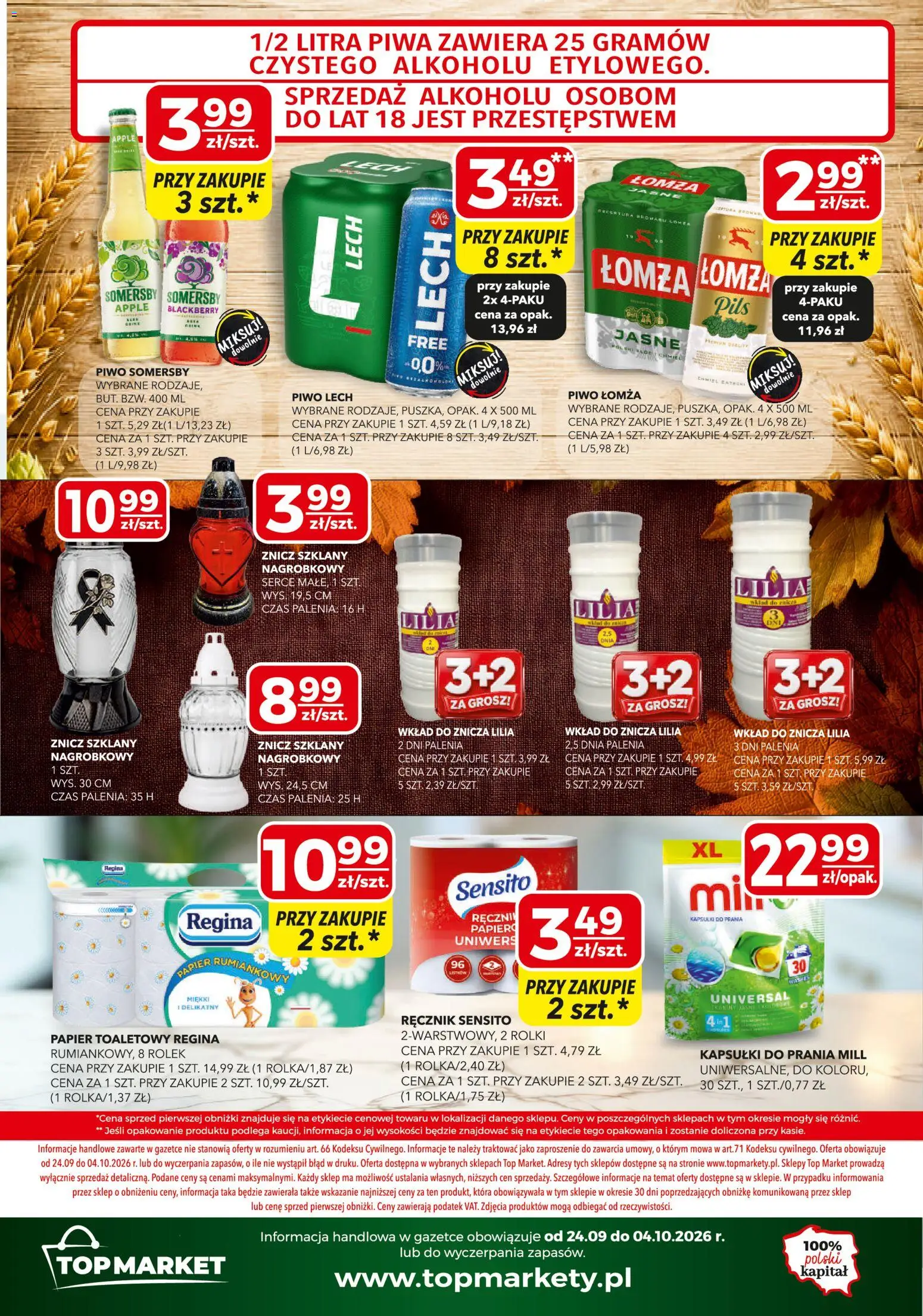Pogląd gazetki "Top Market gazetka mini" ze sklepu Top Market ważnej od 24.09.2026 - Lech, Top, Rolki, Kapsułki do prania, Papier toaletowy, Piwo Somersby, Kapsułki, Papier rumiankowy