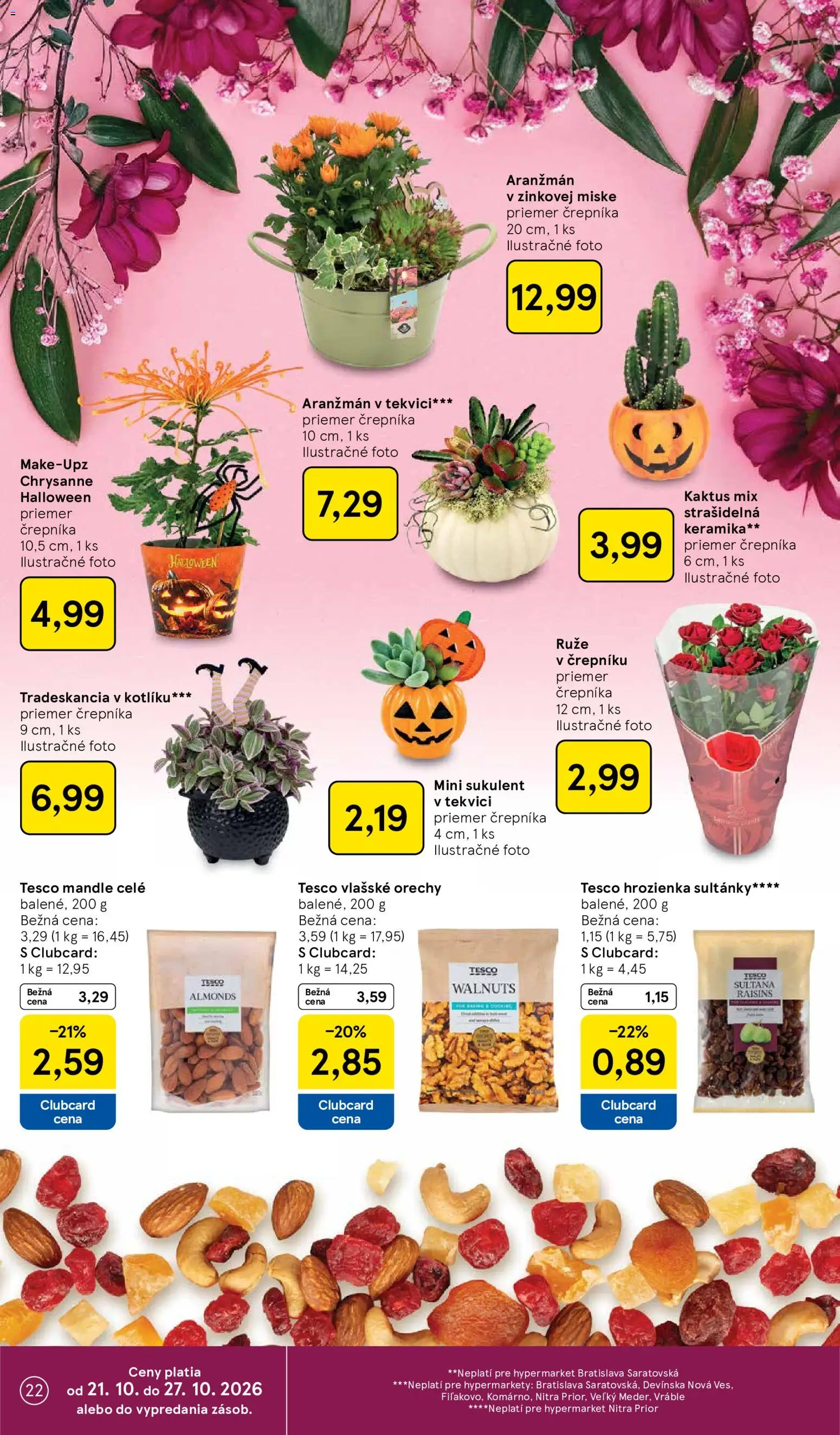Náhľad Tesco letáku platného od 21.10.2026 - Ruže, Orechy, Mandle, Vlašské orechy, Hrozienka