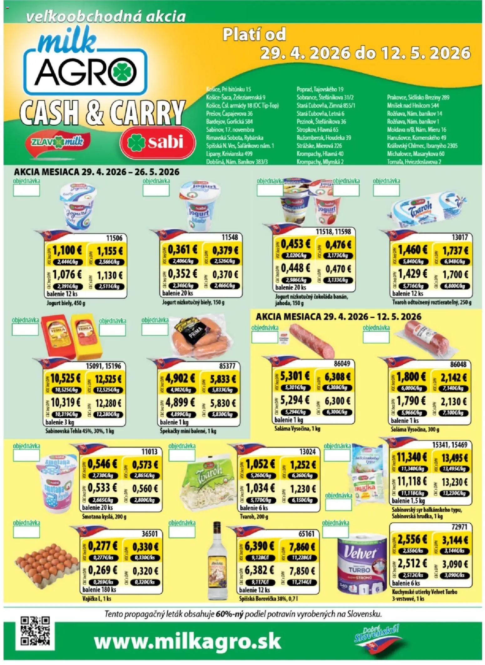 Náhľad Milk Agro letáku platného od 29.04.2026 - Čokoláda, Borovička, Tvaroh, Jogurt, Kuchynské utierky, Smotana, Saláma, Utierky