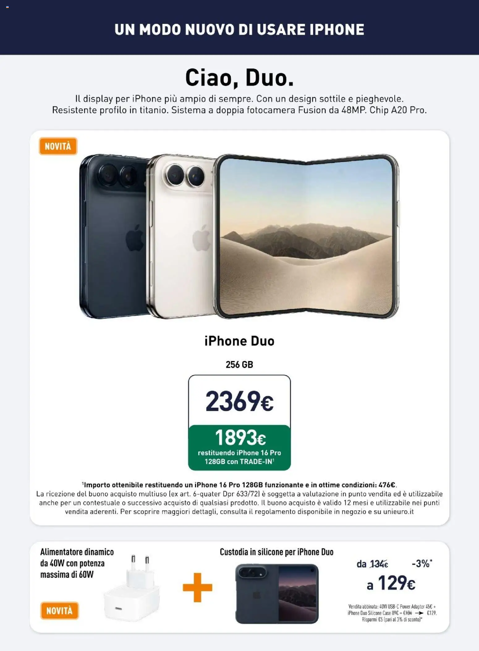 Anteprima dell'opuscolo Unieuro volantino Apple dal negozio Unieuro valido da 23/10/2026 - Iphone, Fotocamera, Silicone