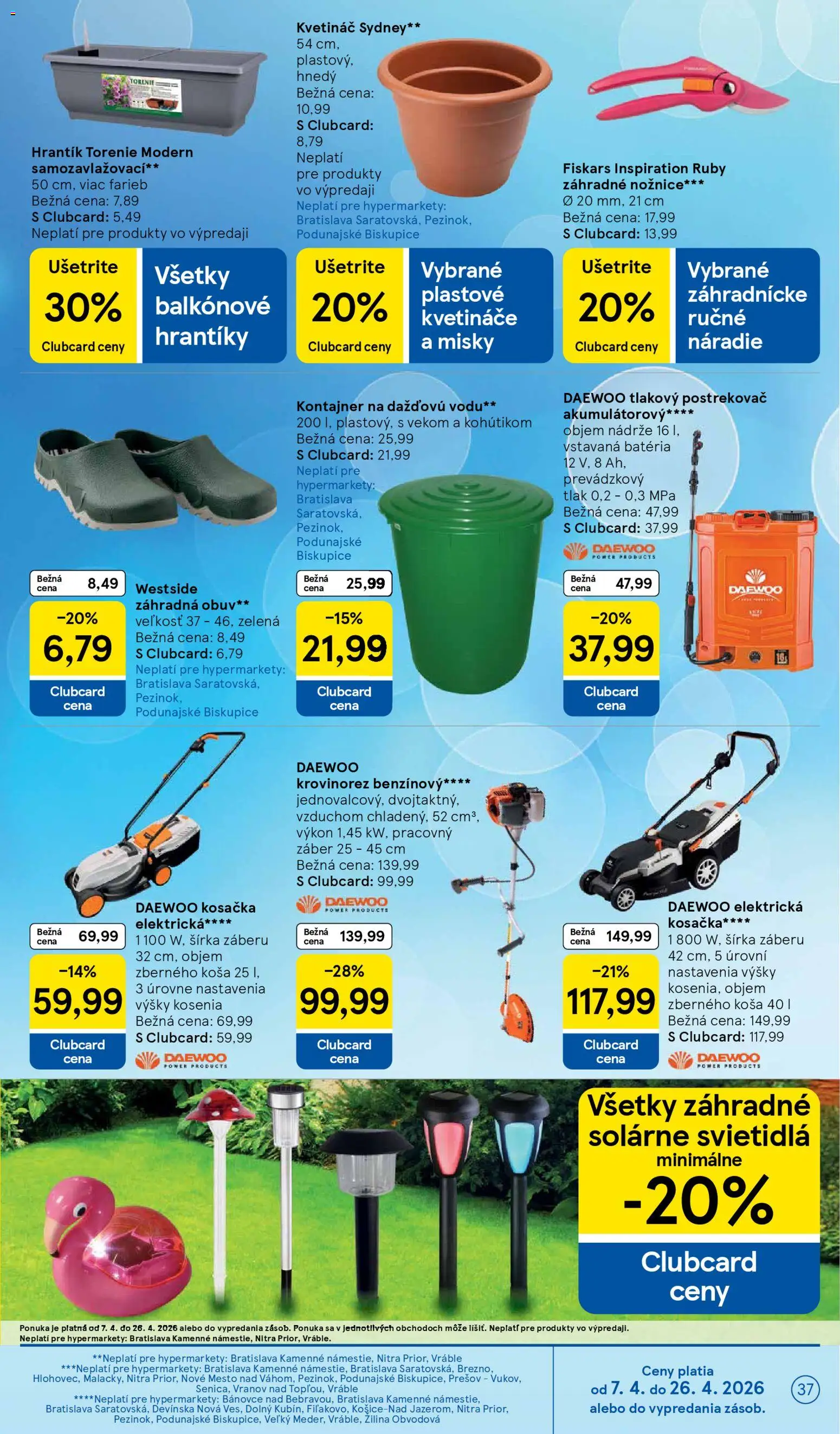 Náhľad Tesco letáku platného od 08.04.2026 - Krovinorez, Svietidlá, Náradie, Batéria, Kosačka, Kvetináč, Solárne svietidlá