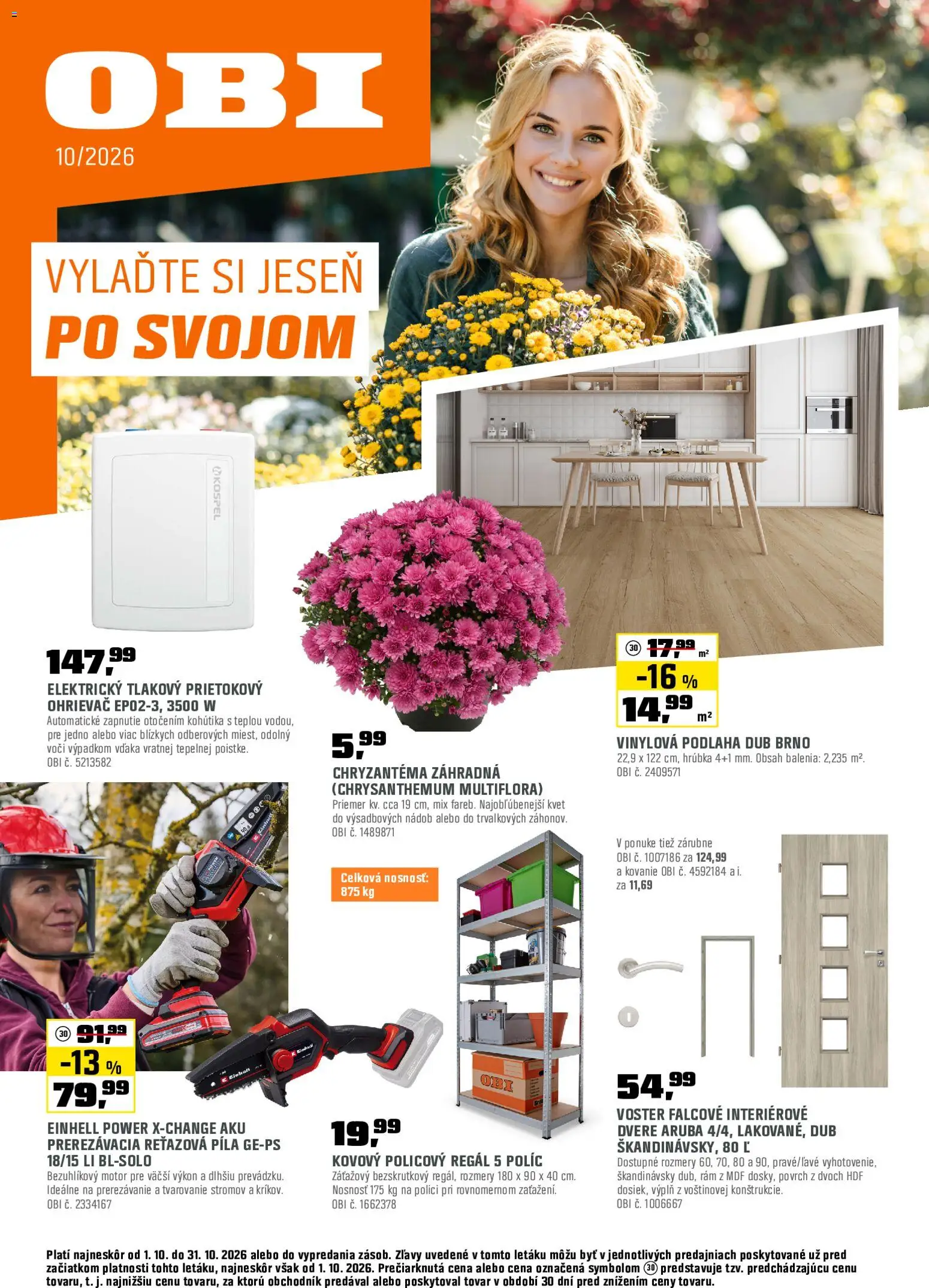 Náhľad OBI letáku platného od 01.10.2026 - Regál, Píla, Rám, Dvere, Podlaha, Ohrievač, Aku, Reťazová píla